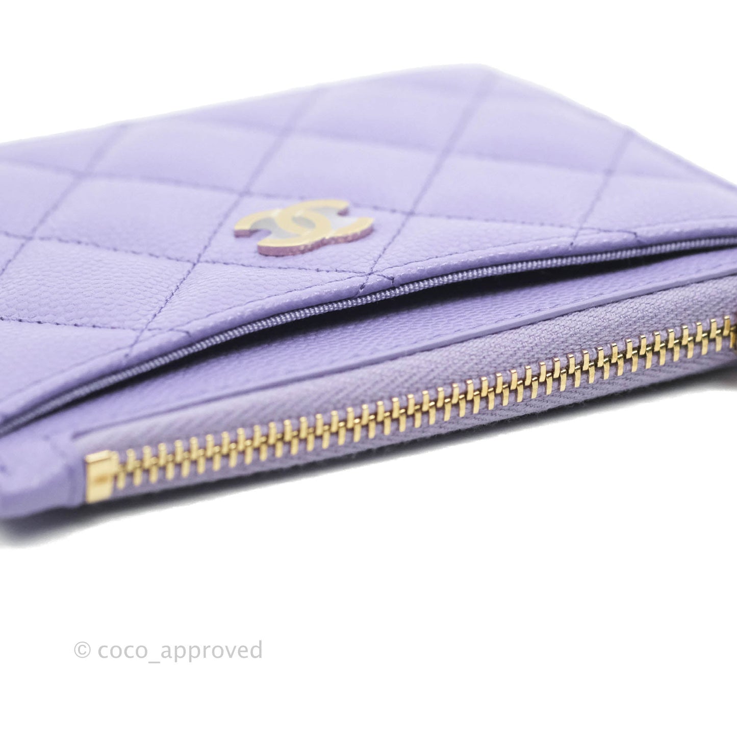 Chanel Quilted CC Zipped Card Holder Caviar Purple Gold Hardware