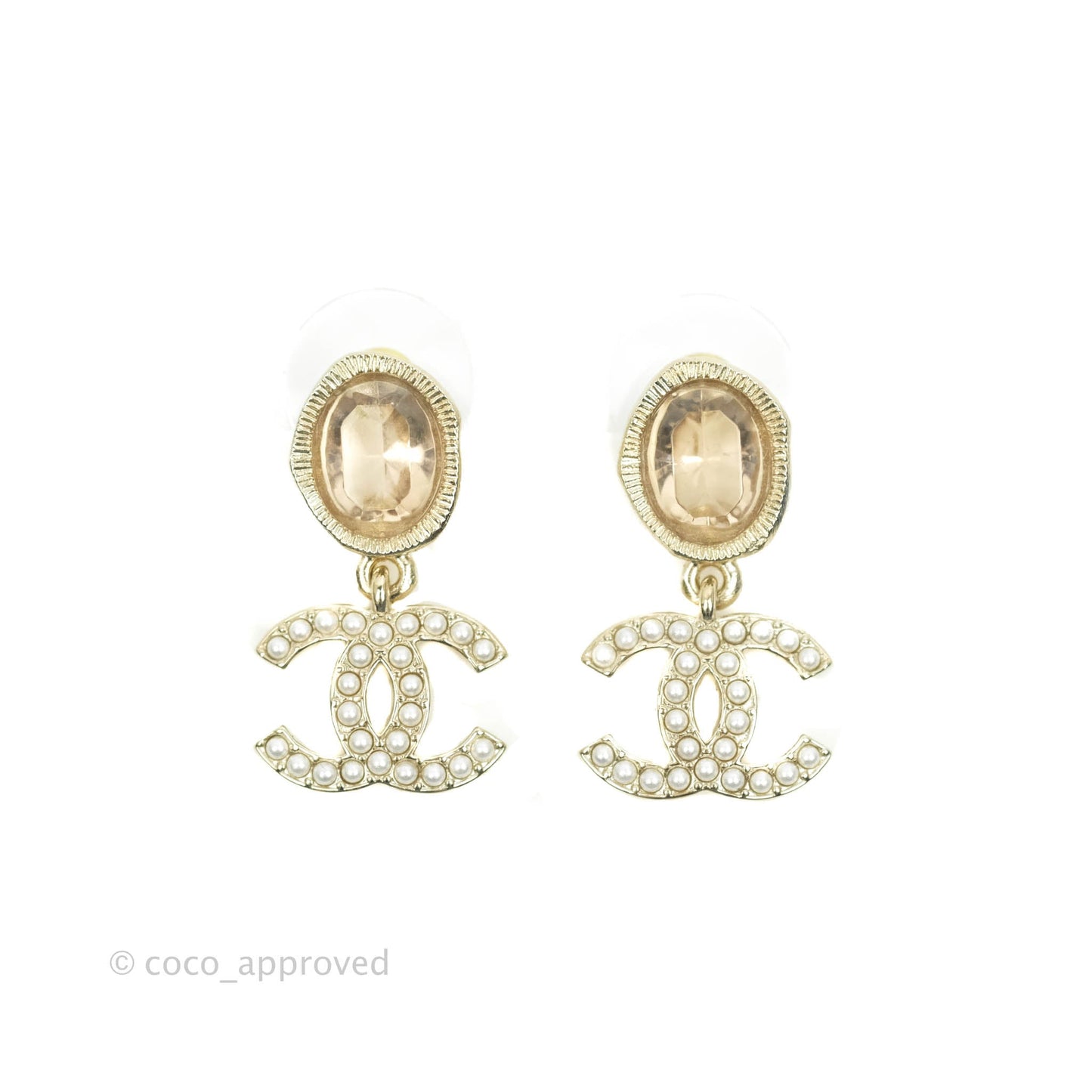 Chanel Champagne Resin Pearl CC Drop Earrings Gold Tone 21B