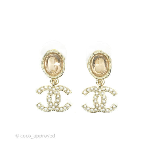 Chanel Champagne Resin Pearl CC Drop Earrings Gold Tone 21B