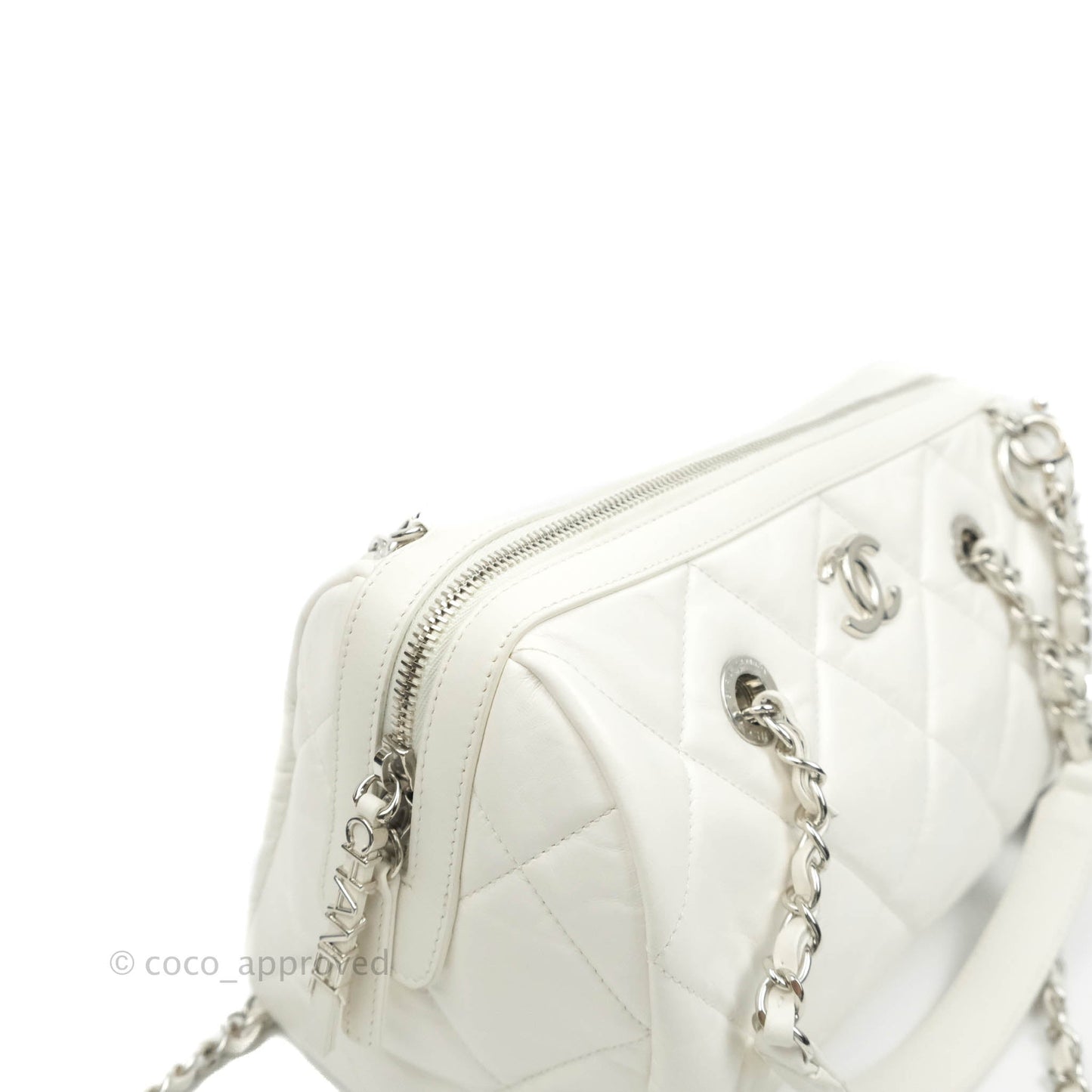 Chanel Calfskin Small Bowling Bag White Silver Hardware