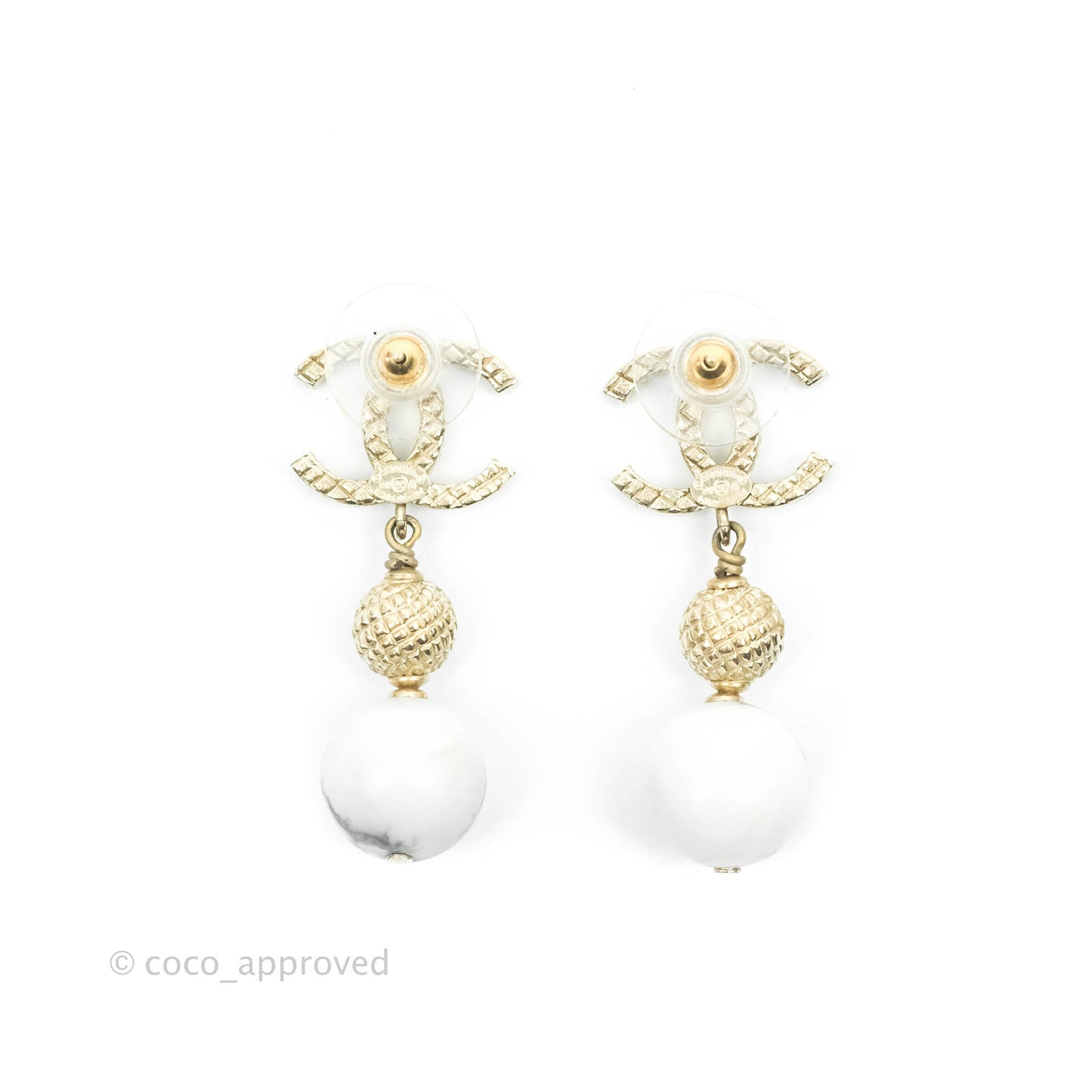 Chanel CC Drop Marble Earrings Gold Tone 16A