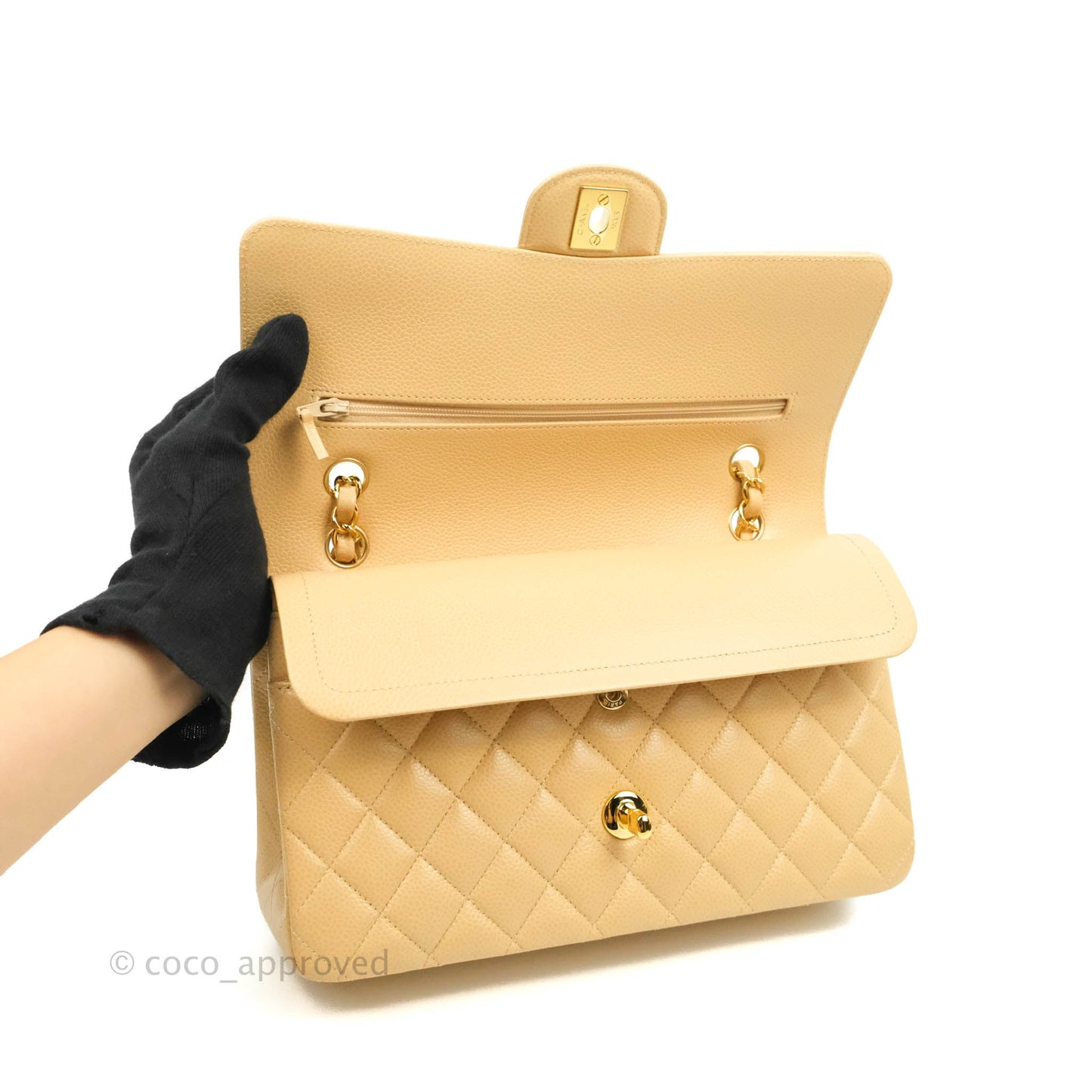 Chanel Classic M/L Medium Double Flap Beige Caviar Gold Hardware