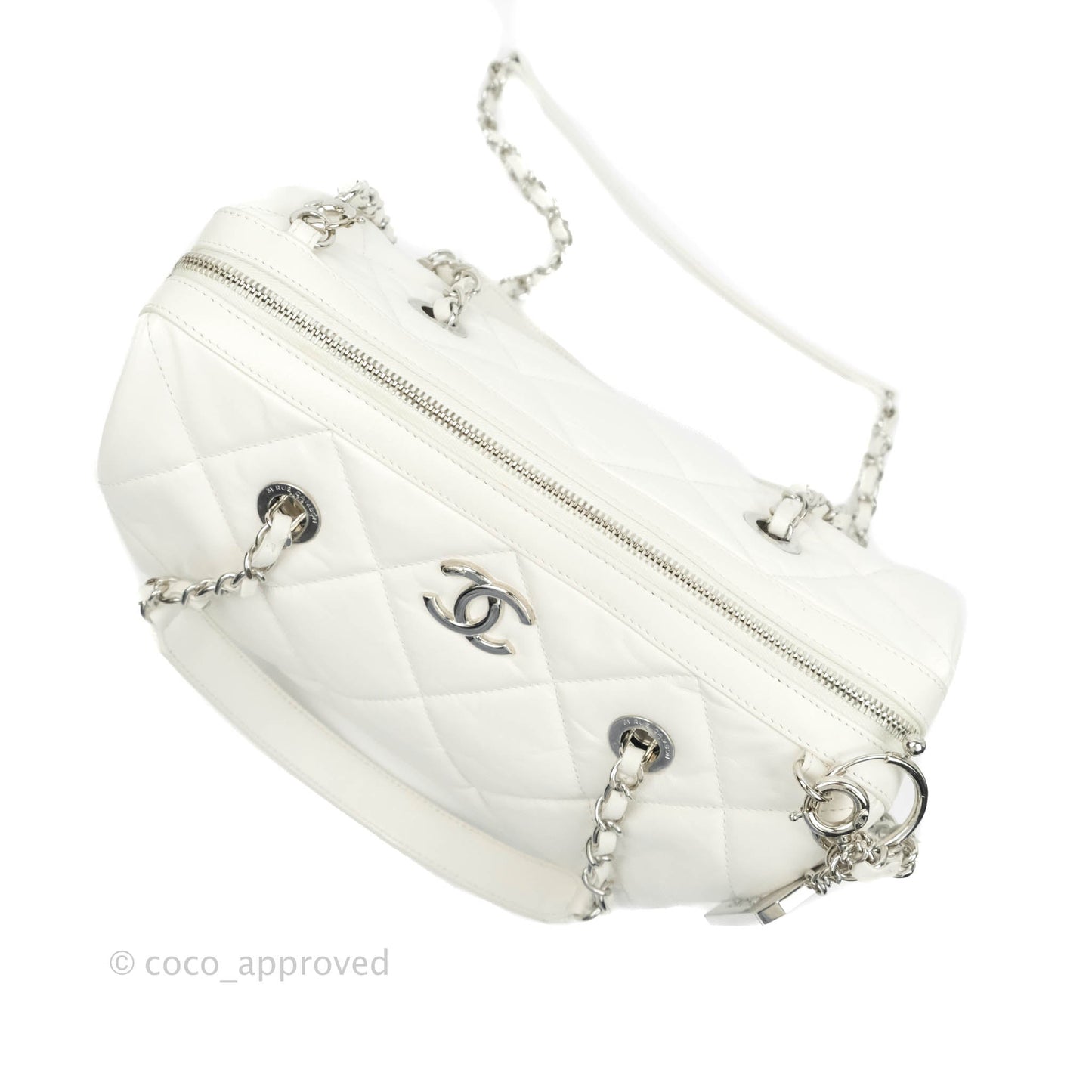 Chanel Calfskin Small Bowling Bag White Silver Hardware
