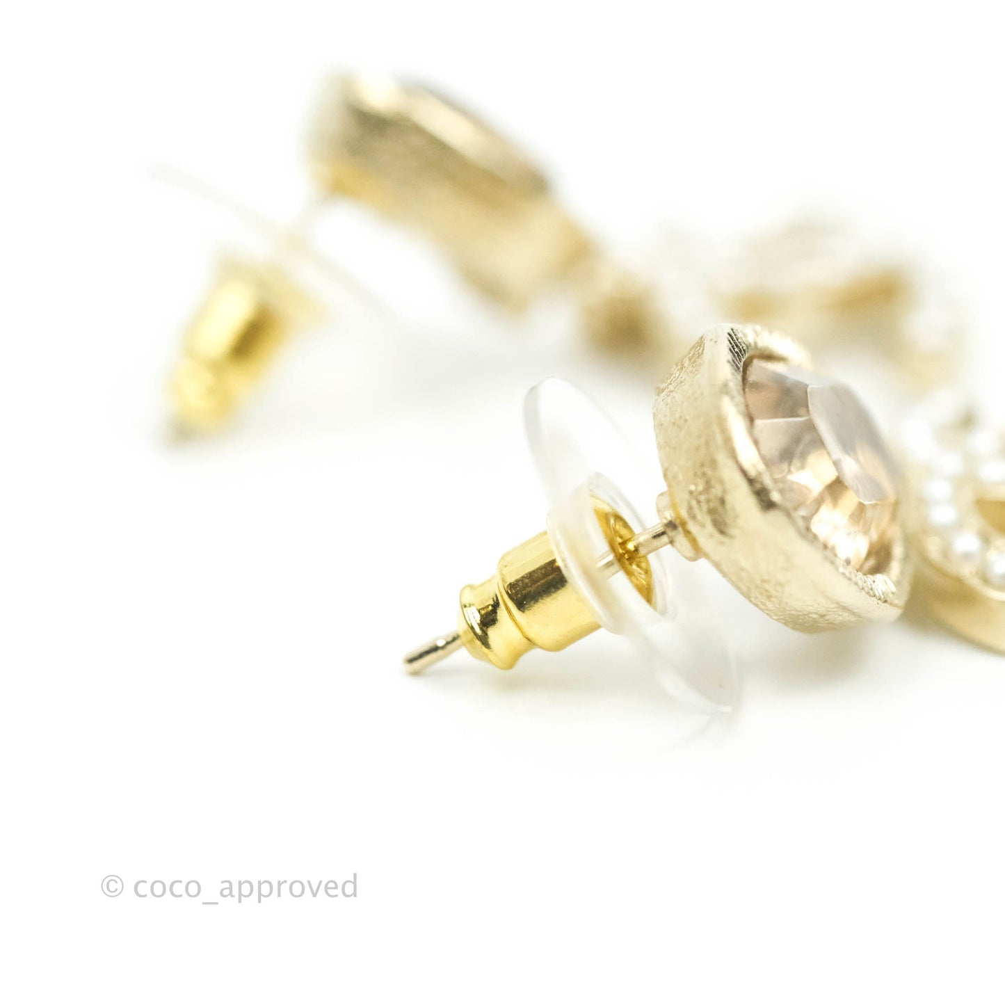 Chanel Champagne Resin Pearl CC Drop Earrings Gold Tone 21B