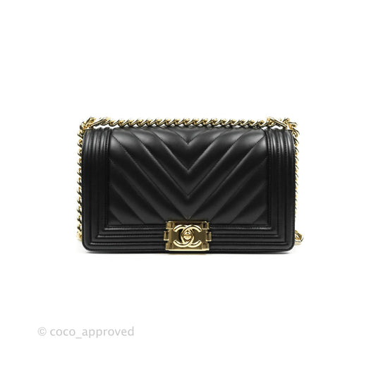 Chanel Medium Chevron Boy Black Lambskin Gold Hardware