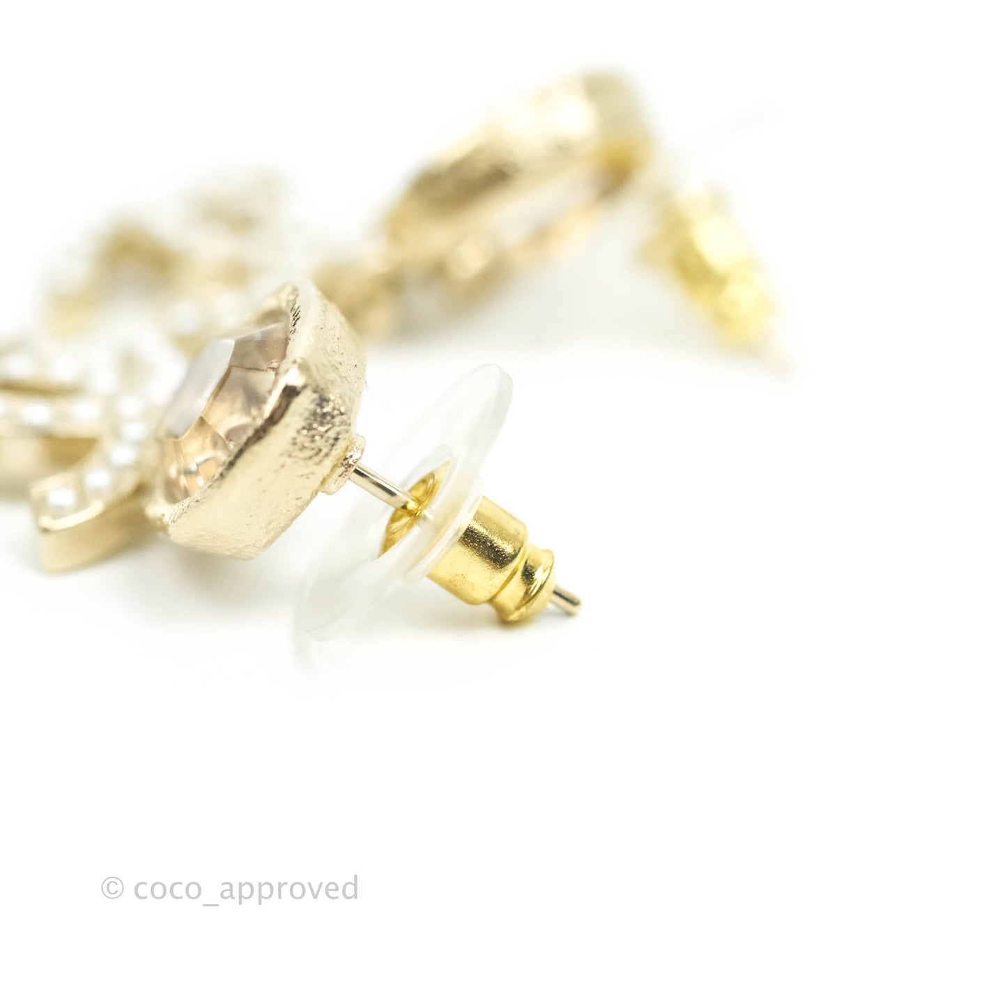 Chanel Champagne Resin Pearl CC Drop Earrings Gold Tone 21B