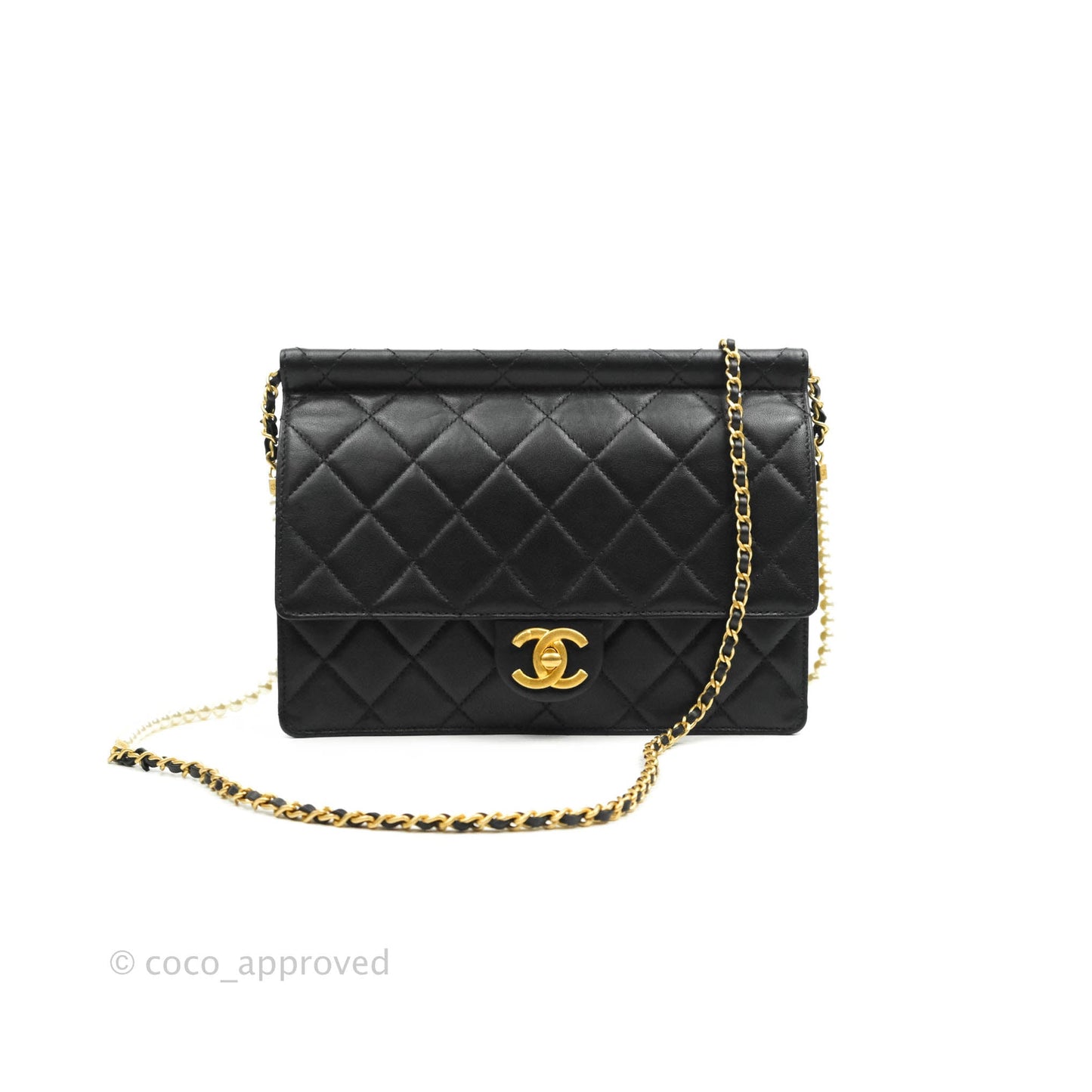 Chanel Large Quilted Pearl Chain Flap Bag Black Lambskin Aged Gold Hardware 19S