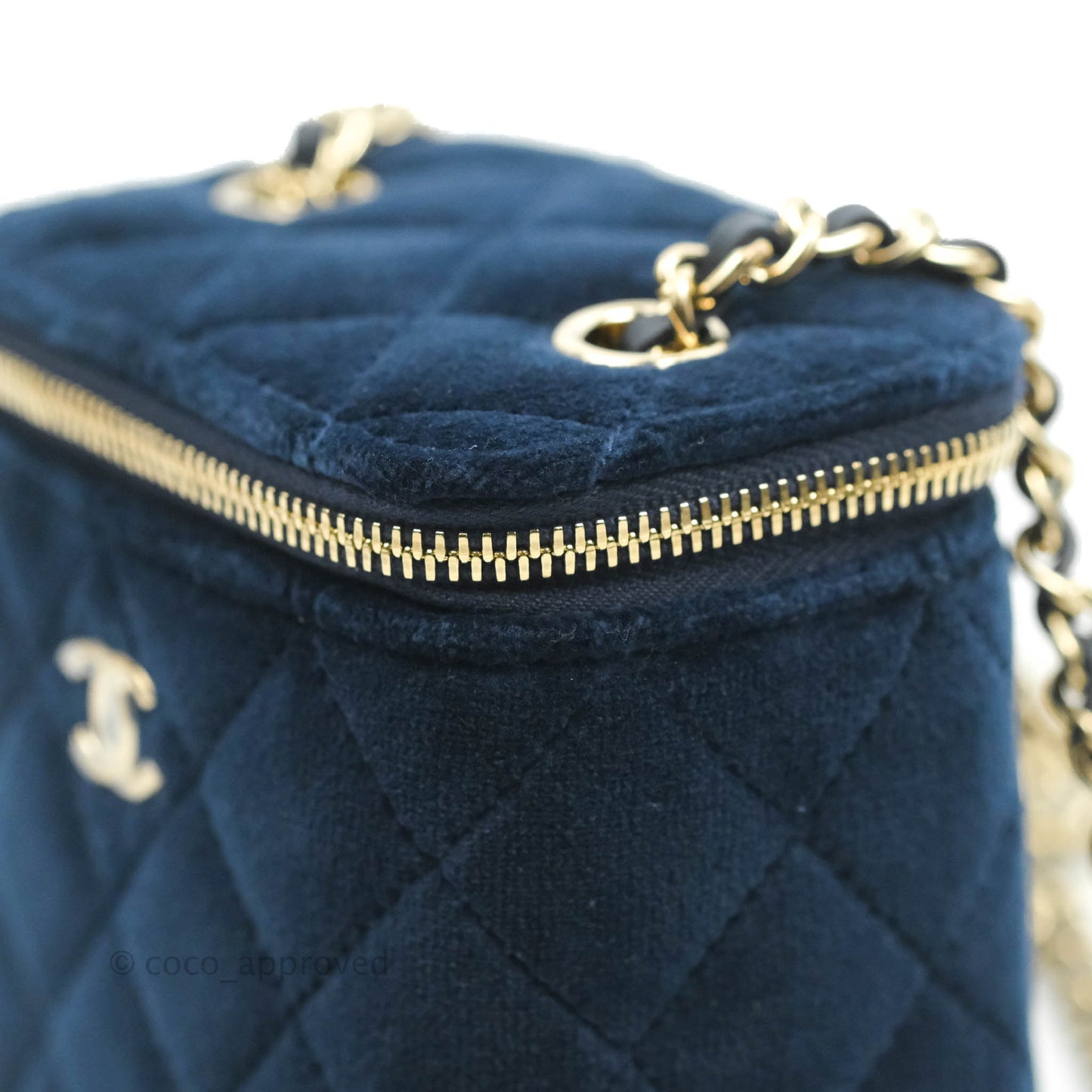 Chanel Classic Mini Crystal Pearl Crush Vanity With Chain Navy Velvet Gold Hardware