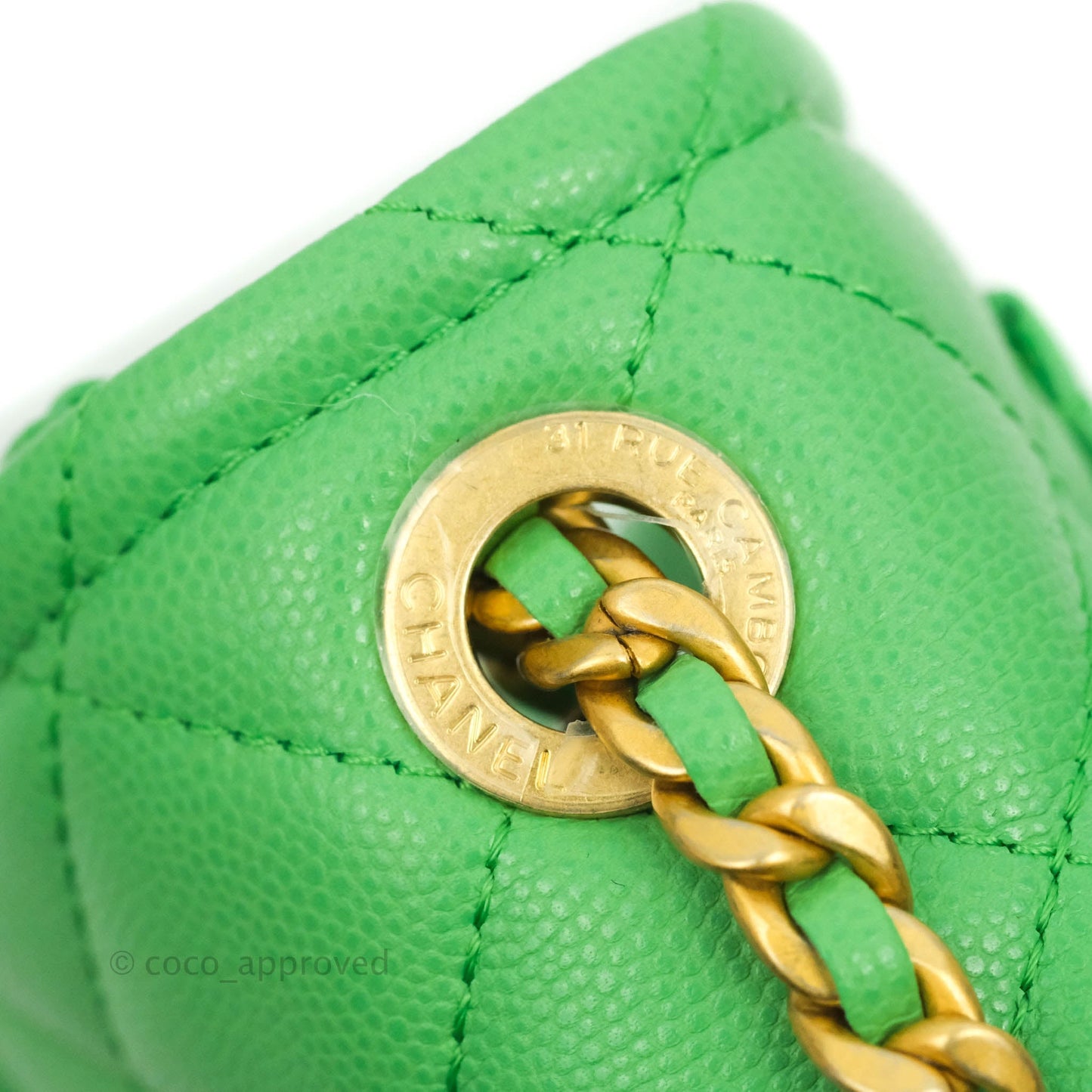 Chanel Mini Square Sweet Quilted Flap Green Caviar Aged Gold Hardware 21P