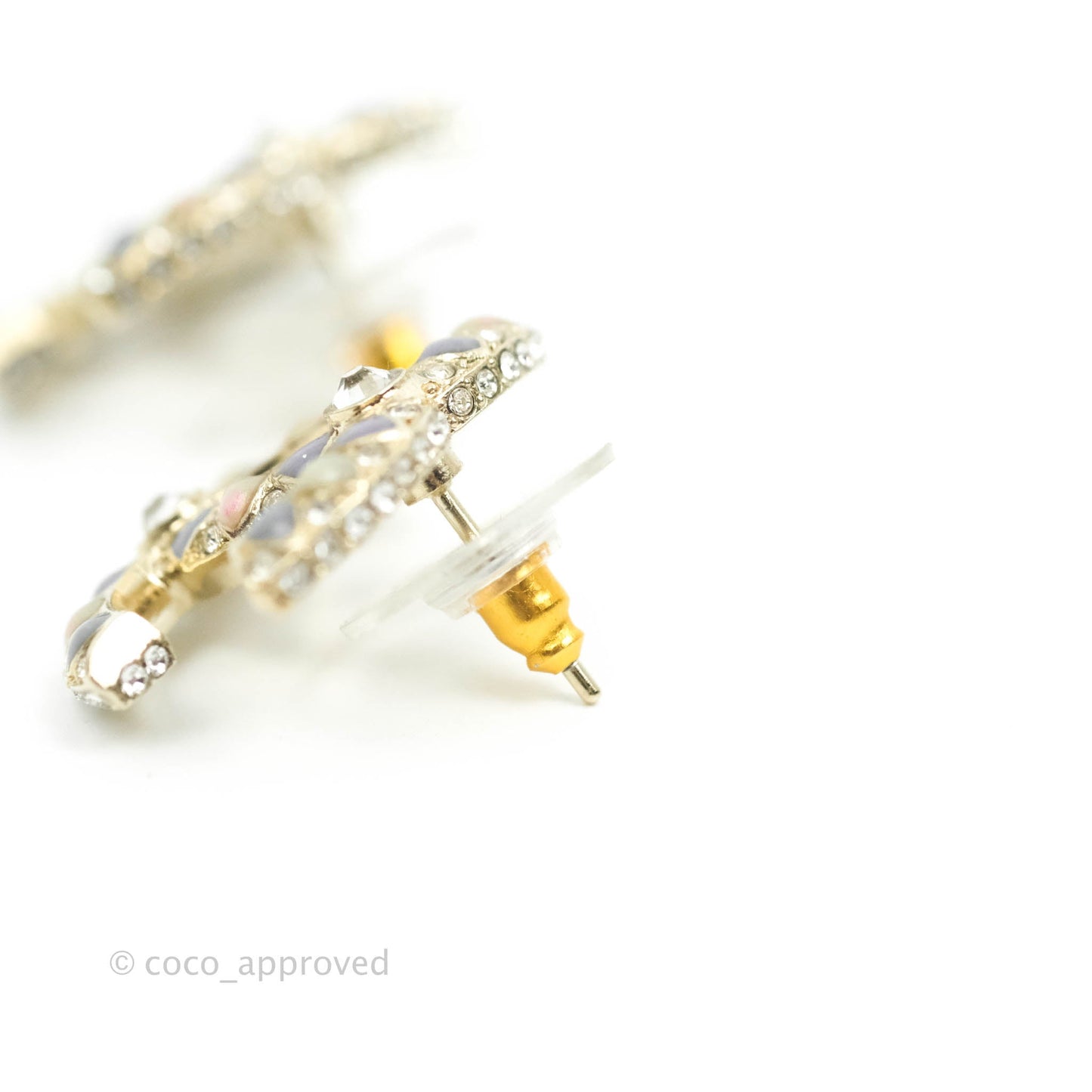 Chanel Stone Crystal CC Earrings Gold Tone 19A