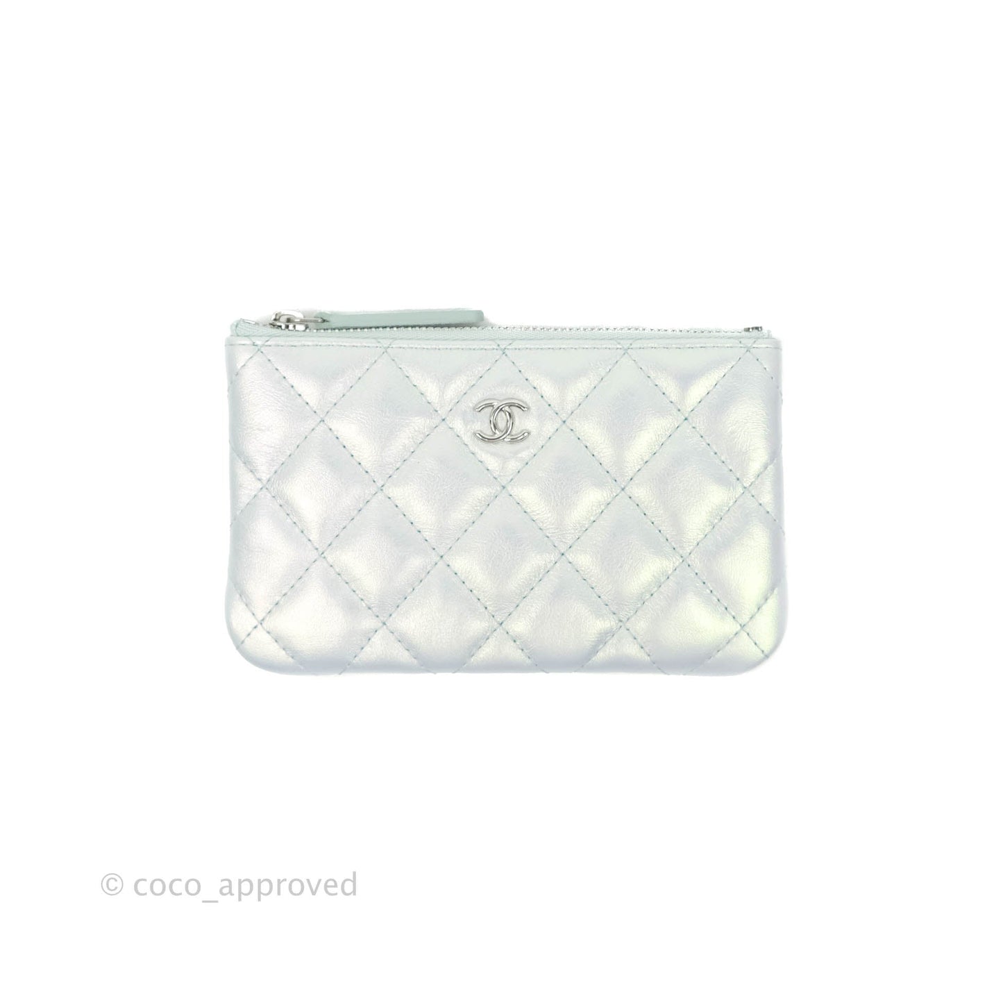 Chanel Mini Quilted O Case Iridescent Light Blue Calfskin Silver Hardware