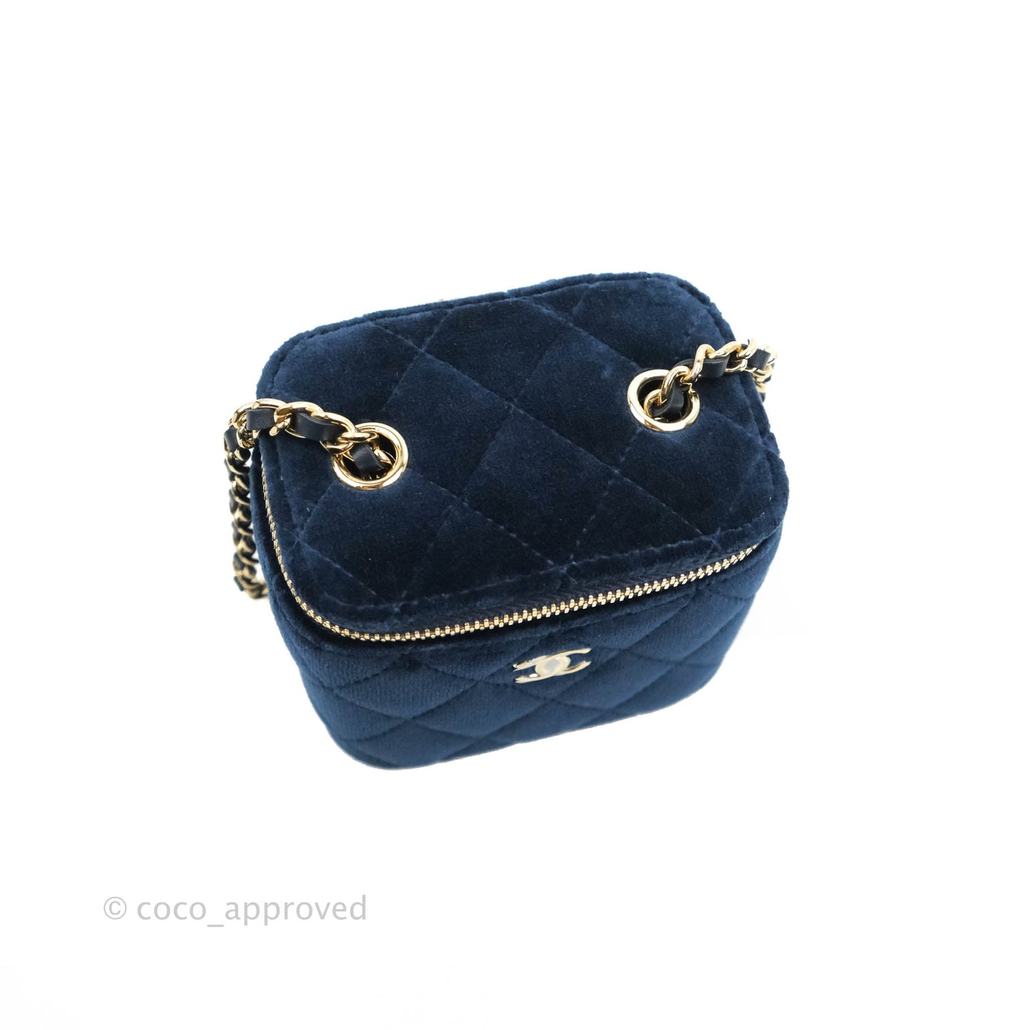 Chanel Classic Mini Crystal Pearl Crush Vanity With Chain Navy Velvet Gold Hardware