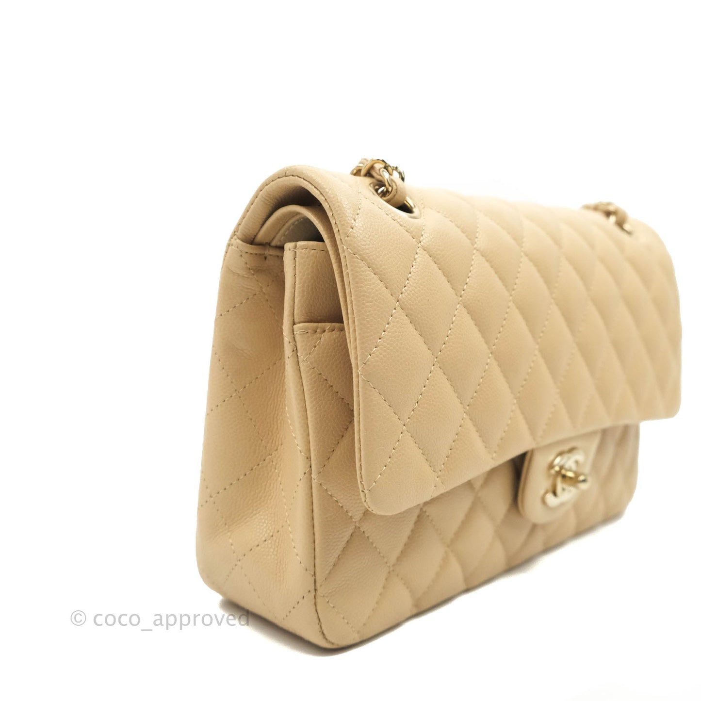 Chanel Quilted M/L Medium Double Flap Beige Caviar Gold Hardware 19C