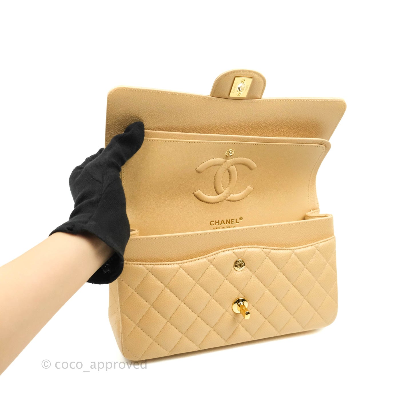 Chanel Classic M/L Medium Double Flap Beige Caviar Gold Hardware