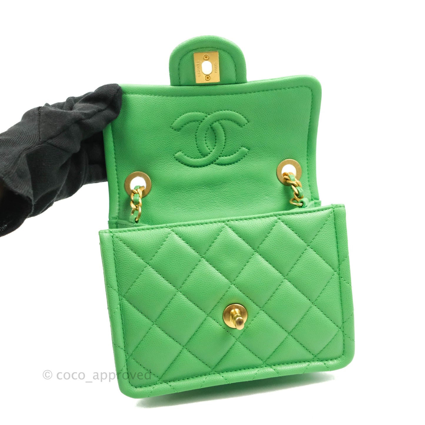 Chanel Mini Square Sweet Quilted Flap Green Caviar Aged Gold Hardware 21P