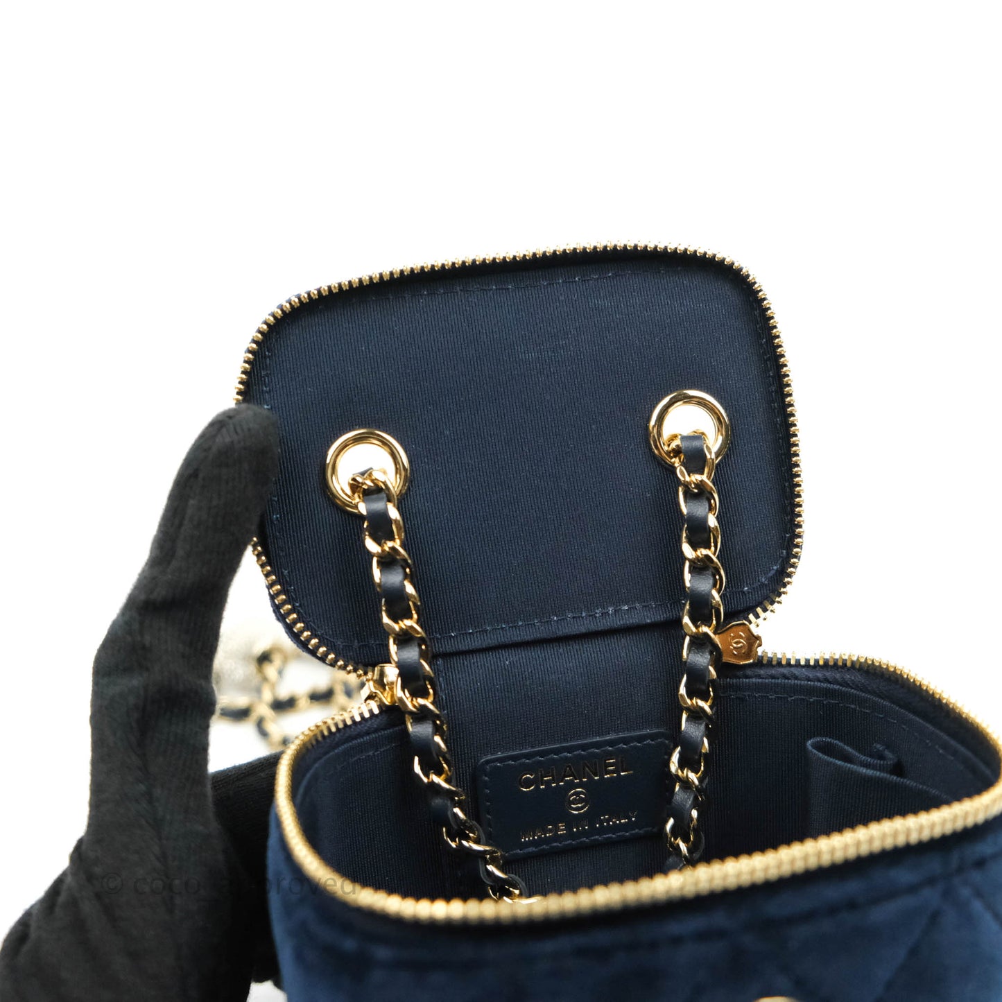 Chanel Classic Mini Crystal Pearl Crush Vanity With Chain Navy Velvet Gold Hardware