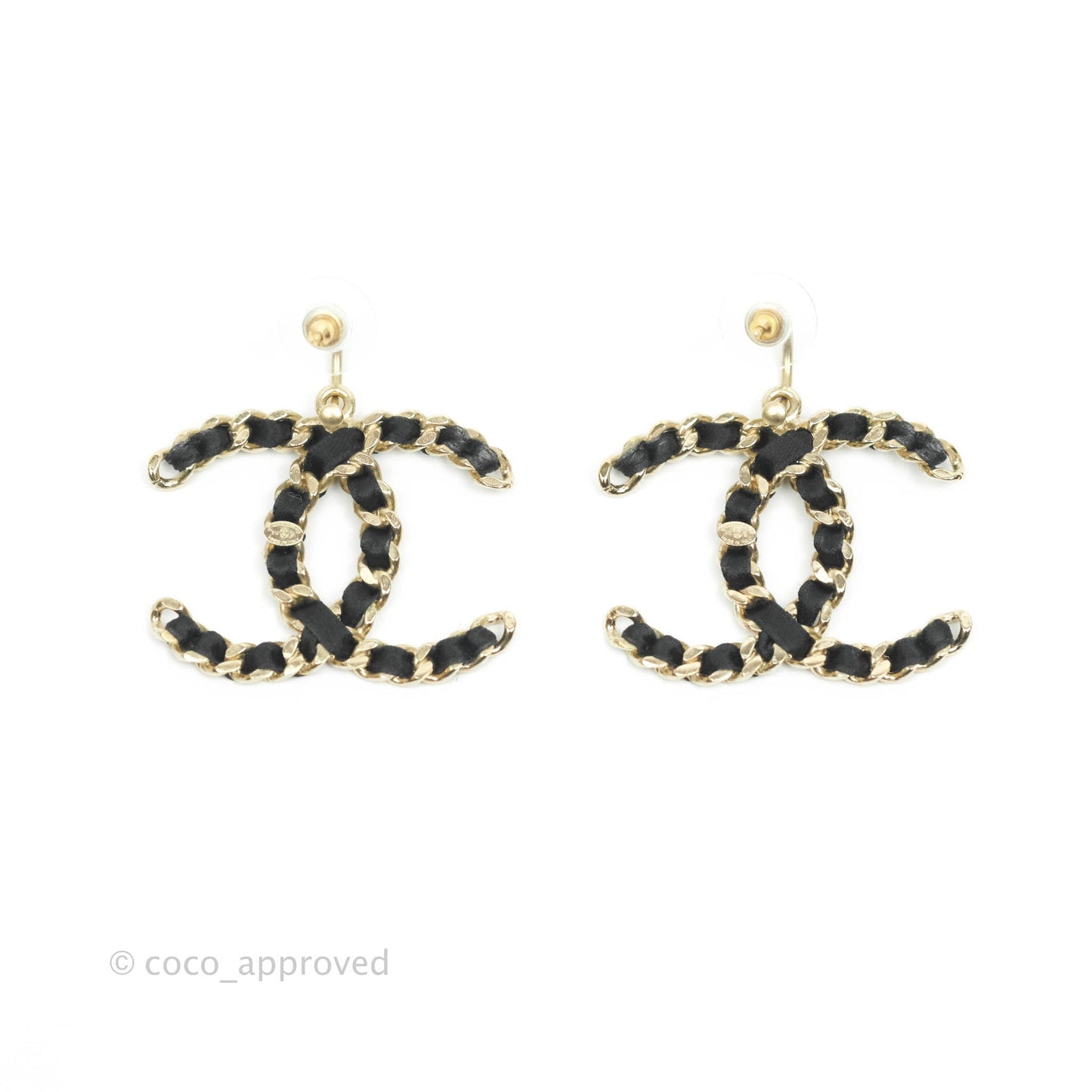 Chanel CC Chain Braided Black Satin Drop Earrings Gold Hardware 13C