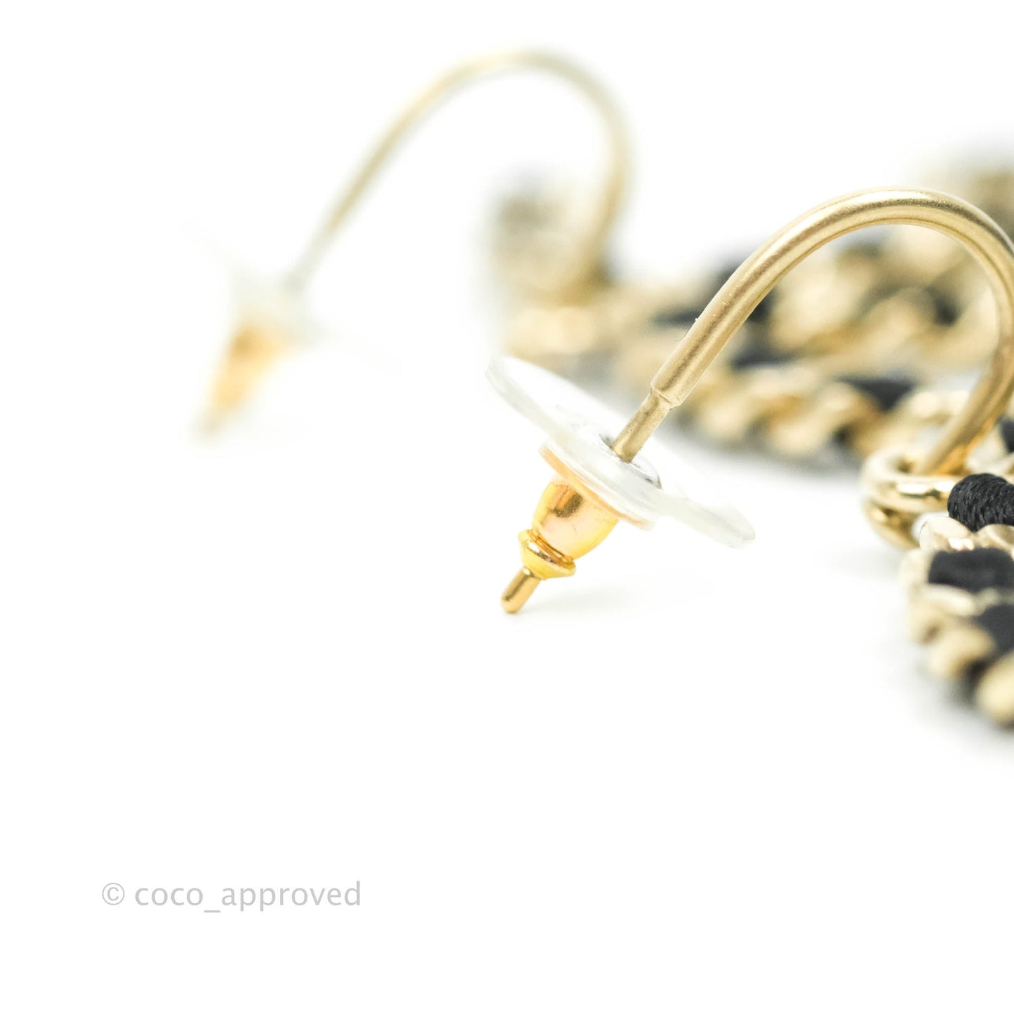 Chanel CC Chain Braided Black Satin Drop Earrings Gold Hardware 13C