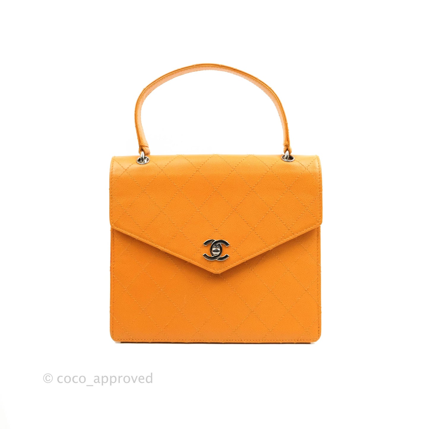 Chanel Vintage Quilted Top Handle Flap Bag Saffron Yellow Caviar Silver Hardware