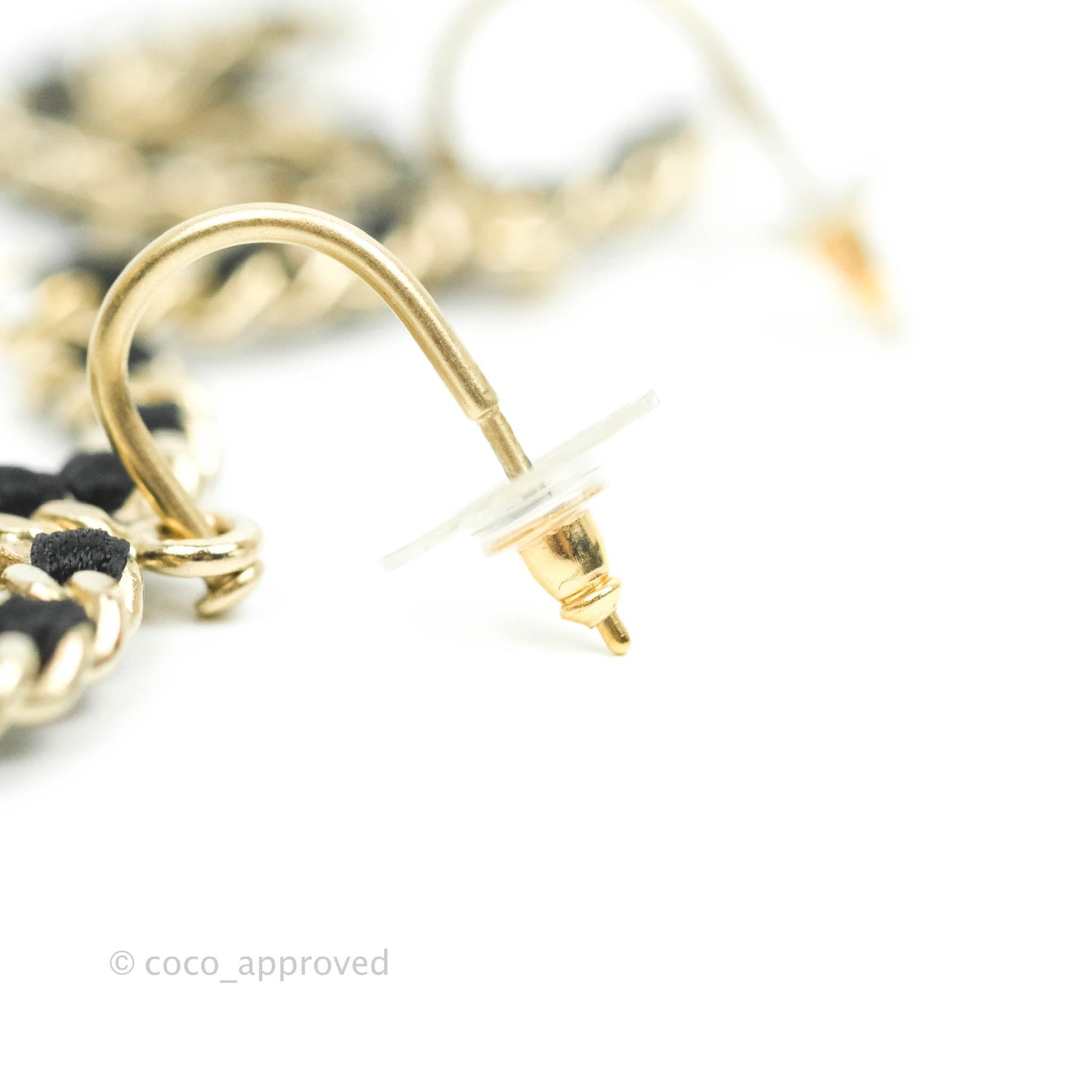 Chanel CC Chain Braided Black Satin Drop Earrings Gold Hardware 13C