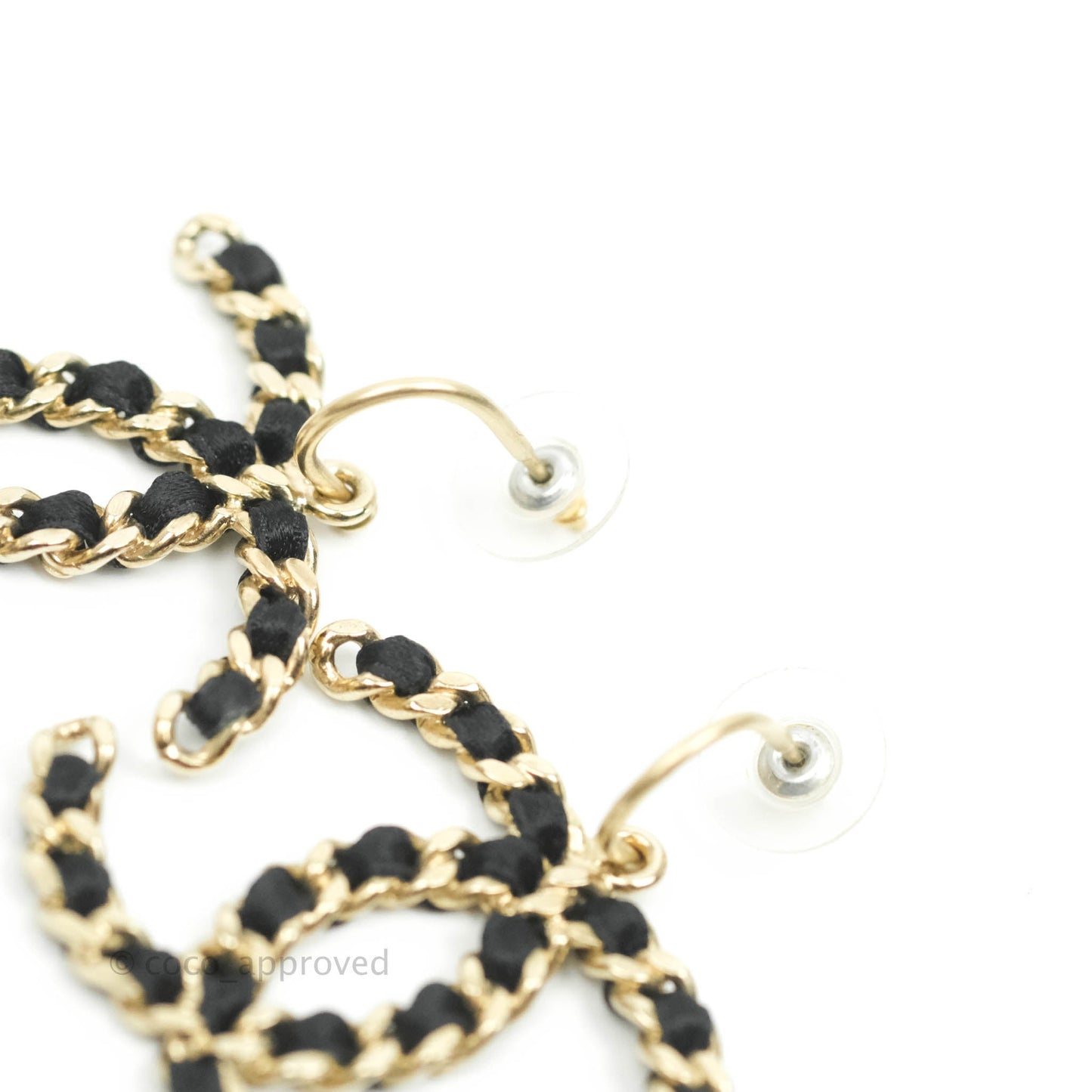 Chanel CC Chain Braided Black Satin Drop Earrings Gold Hardware 13C