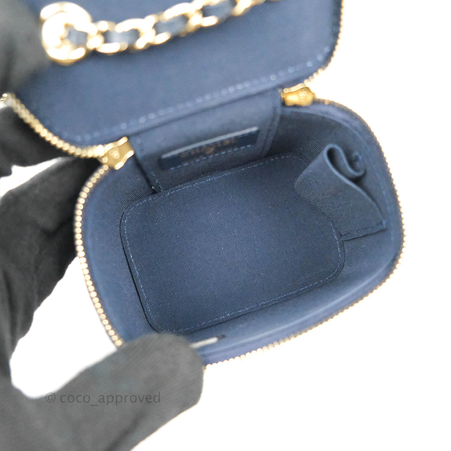 Chanel Classic Mini Crystal Pearl Crush Vanity With Chain Navy Velvet Gold Hardware
