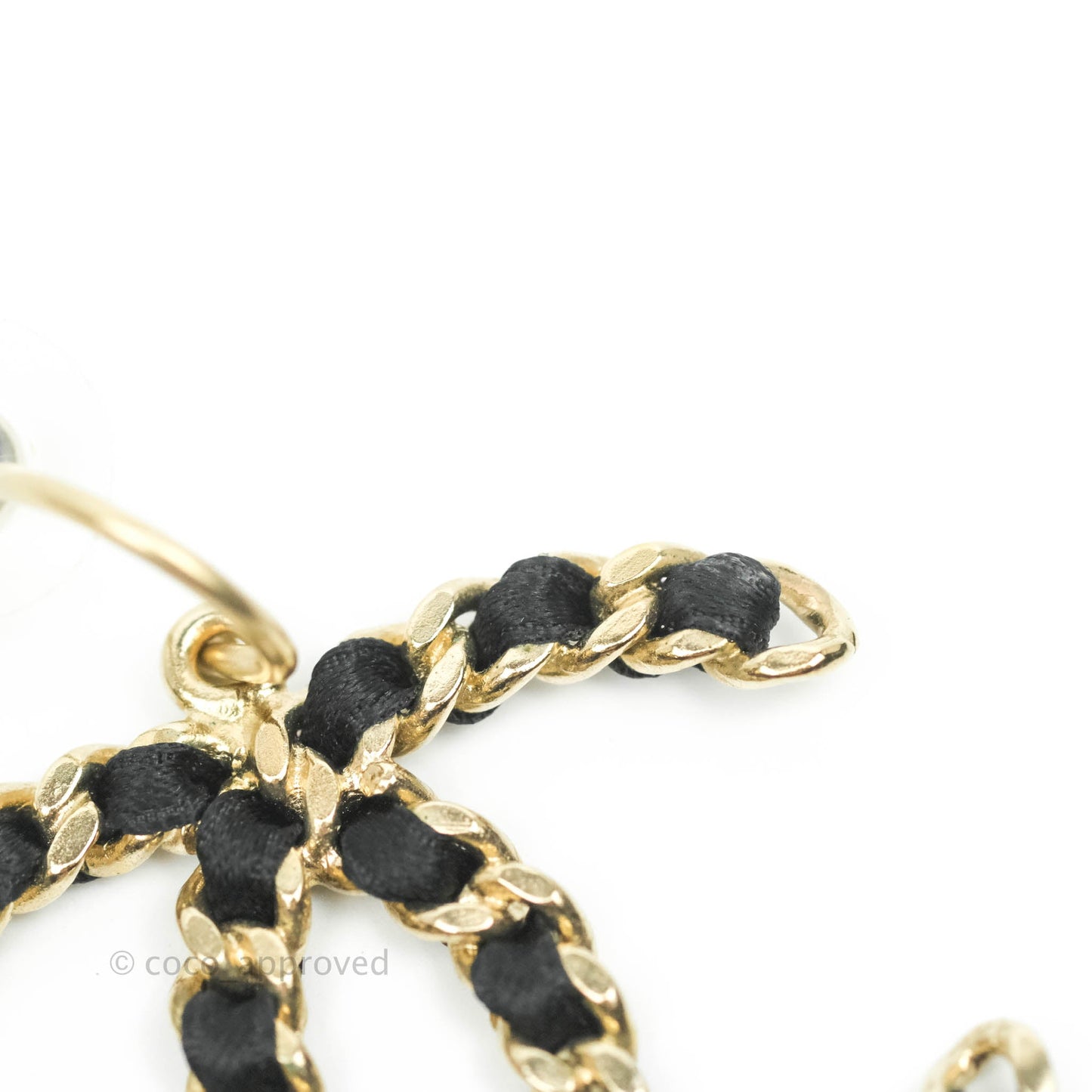 Chanel CC Chain Braided Black Satin Drop Earrings Gold Hardware 13C