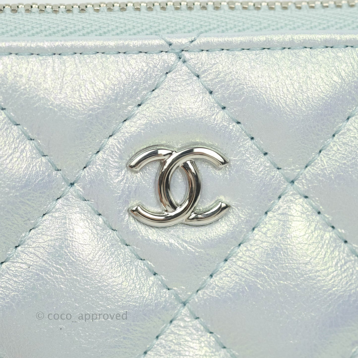 Chanel Mini Quilted O Case Iridescent Light Blue Calfskin Silver Hardware