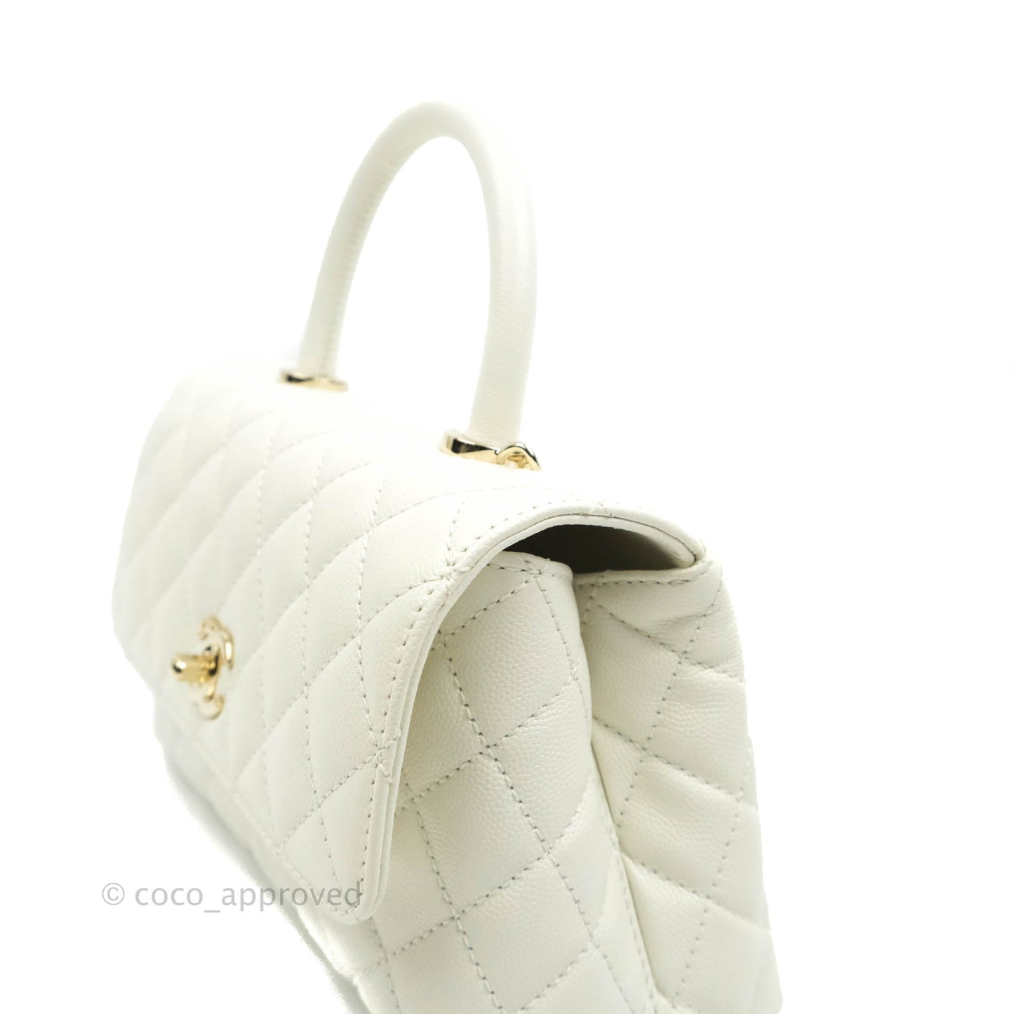 Chanel Small (Mini) Quilted Coco Handle White Caviar Gold Hardware