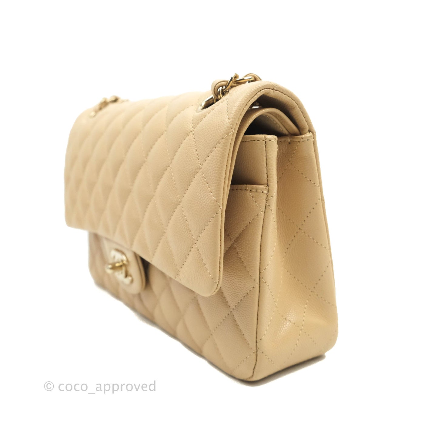 Chanel Quilted M/L Medium Double Flap Beige Caviar Gold Hardware 19C