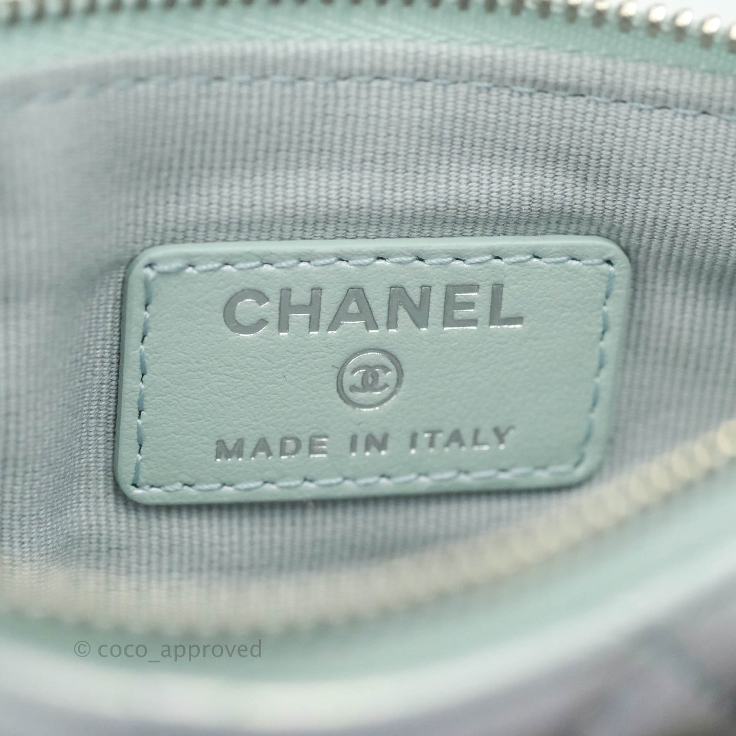 Chanel Mini Quilted O Case Iridescent Light Blue Calfskin Silver Hardware
