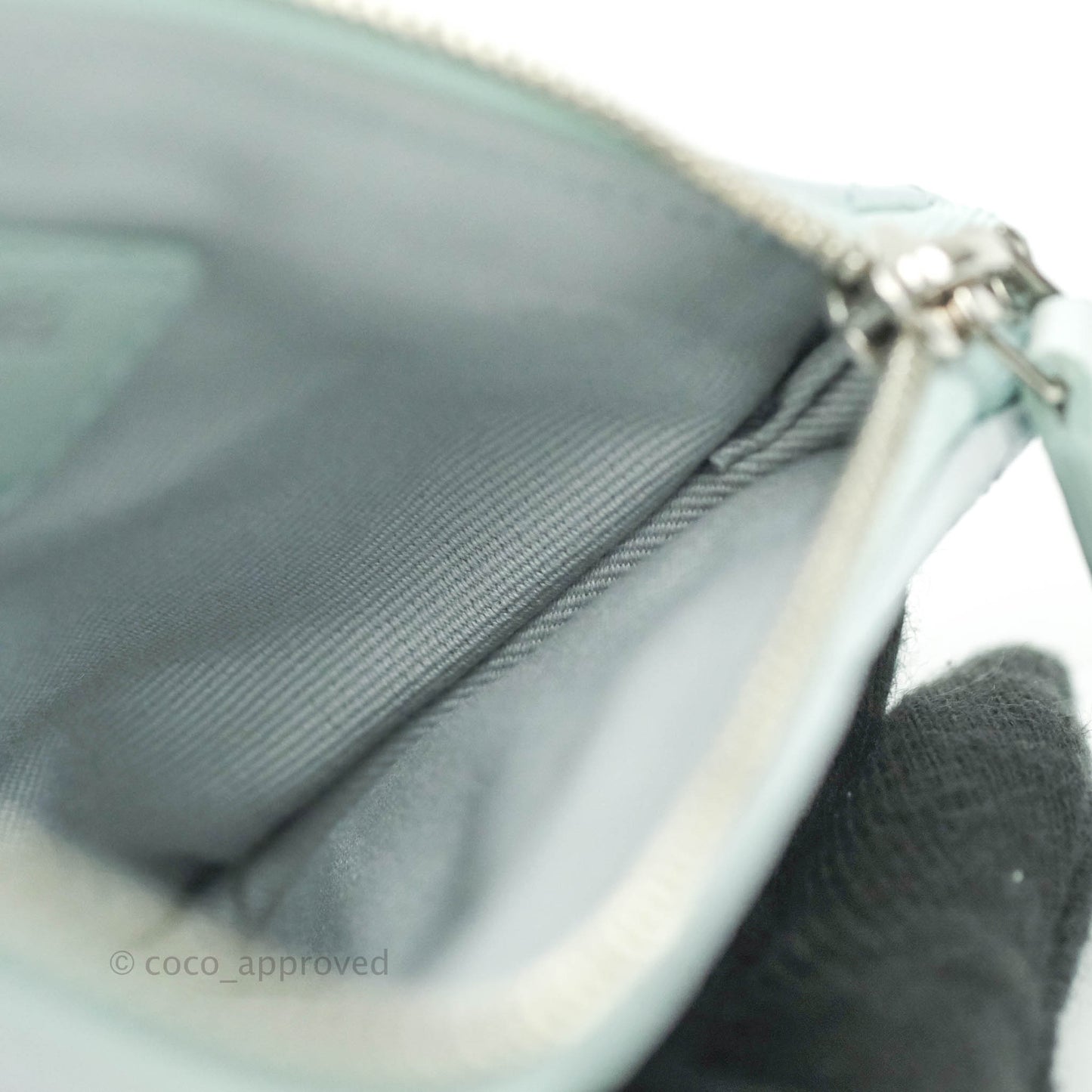 Chanel Mini Quilted O Case Iridescent Light Blue Calfskin Silver Hardware