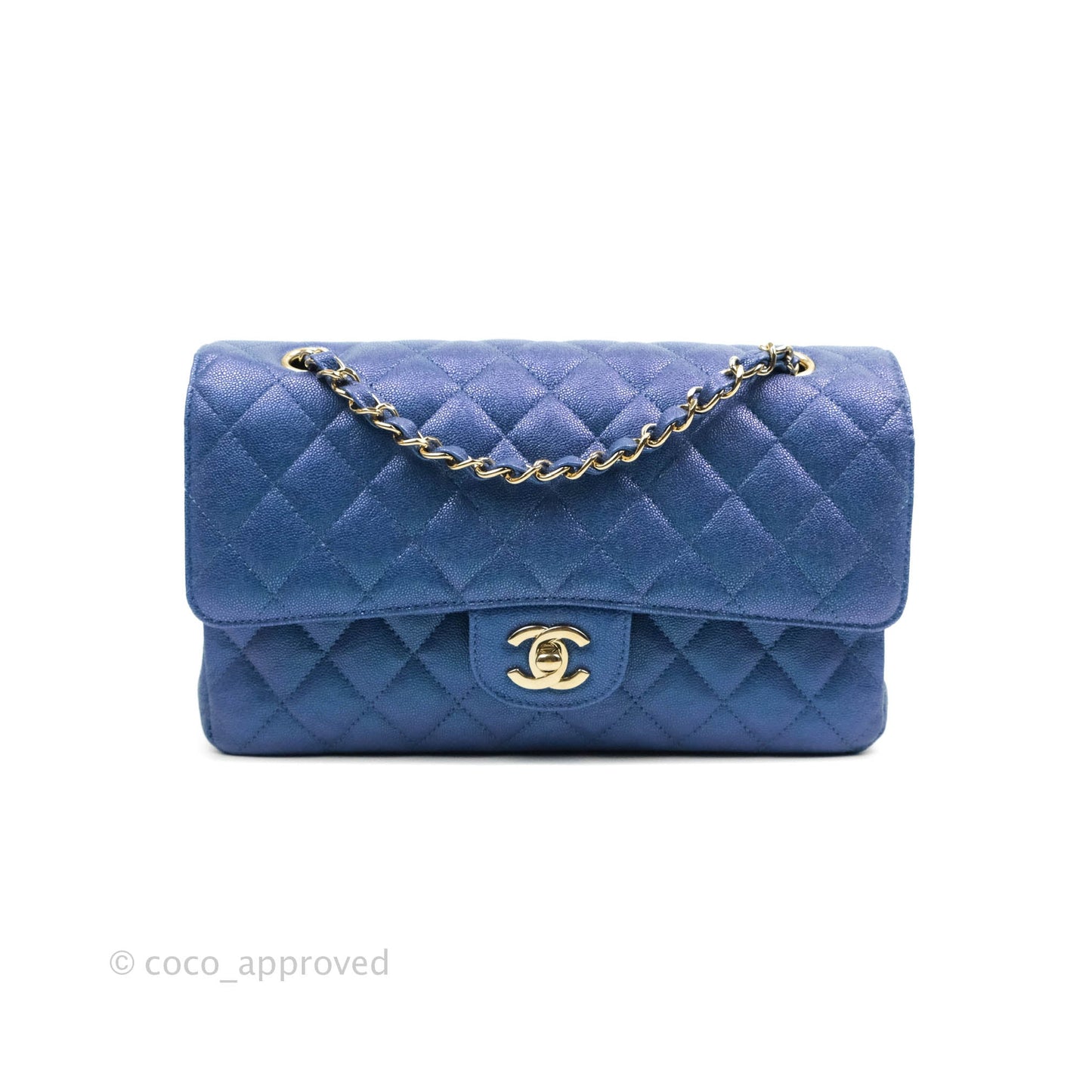 Chanel Quilted M/L Medium Double Flap Iridescent Blue Caviar Gold Hardware 19S
