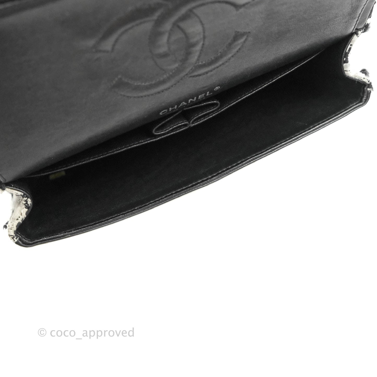 Chanel Quilted M/L Medium Double Flap Black White Tweed Silver Hardware