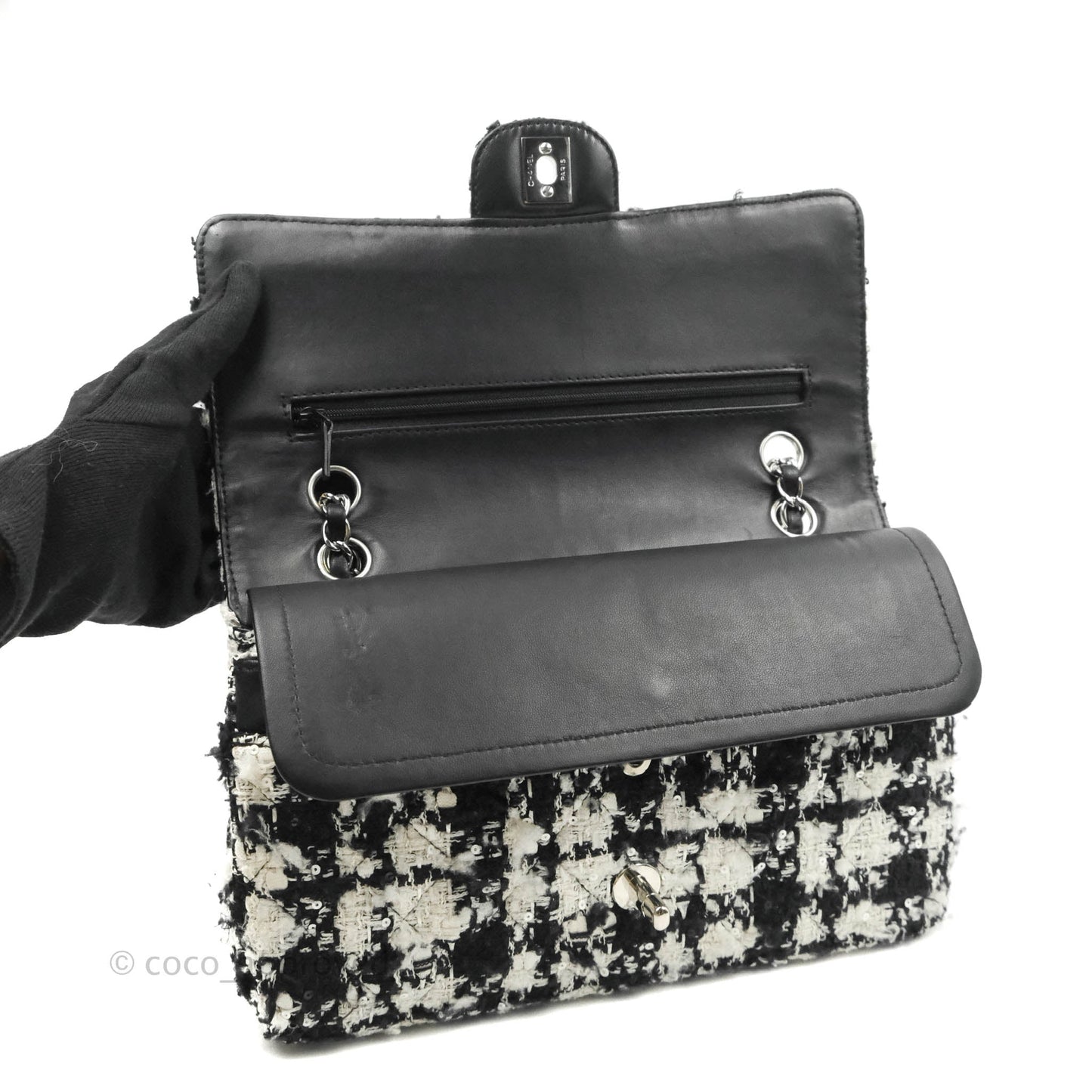 Chanel Quilted M/L Medium Double Flap Black White Tweed Silver Hardware