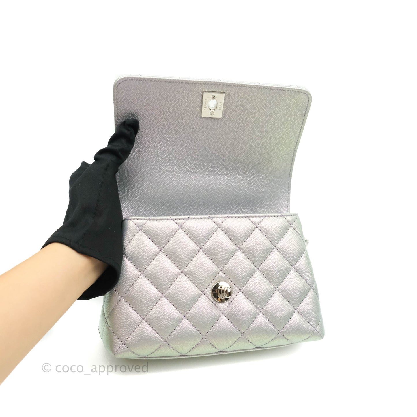 Chanel Extra Mini Coco Handle Quilted Iridescent Lilac Caviar Rainbow Hardware