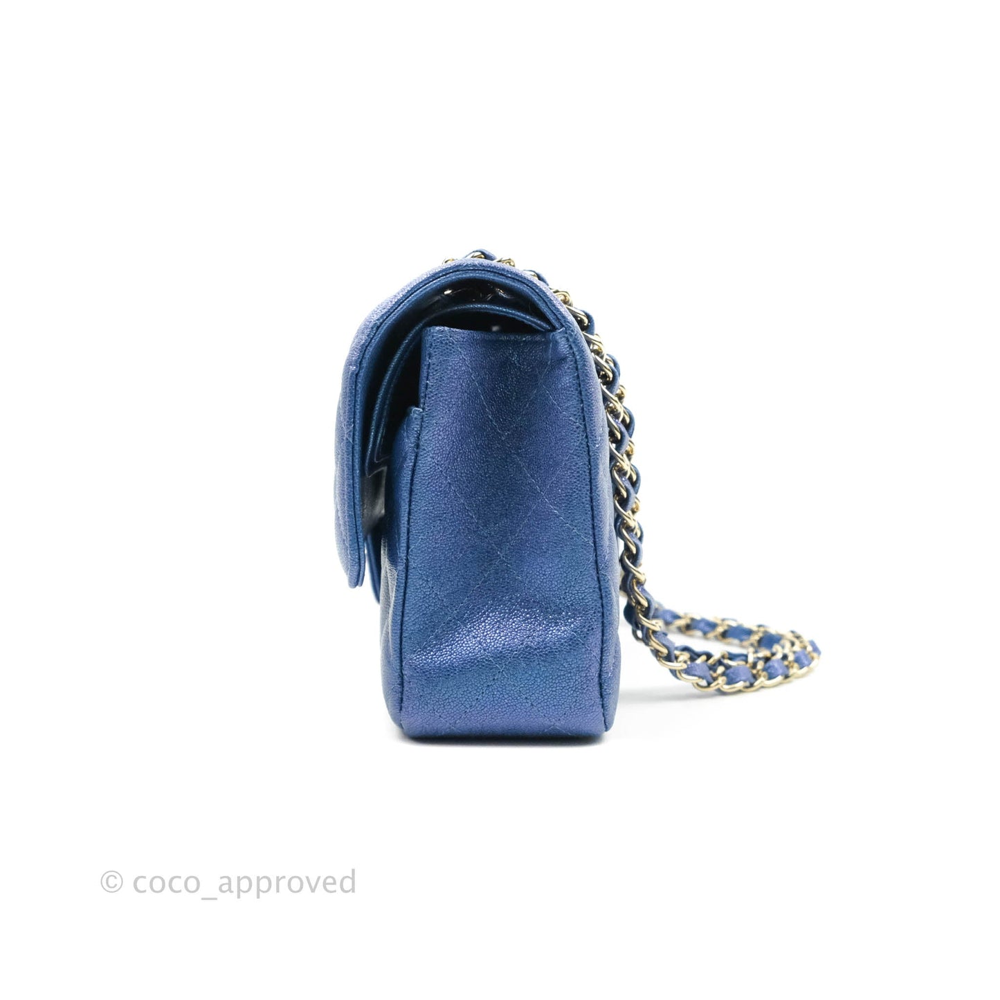 Chanel Quilted M/L Medium Double Flap Iridescent Blue Caviar Gold Hardware 19S