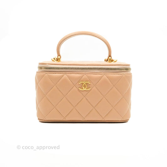 Chanel Classic Vanity Rectangular Top Handle With Chain Beige Lambskin Aged Gold Hardware