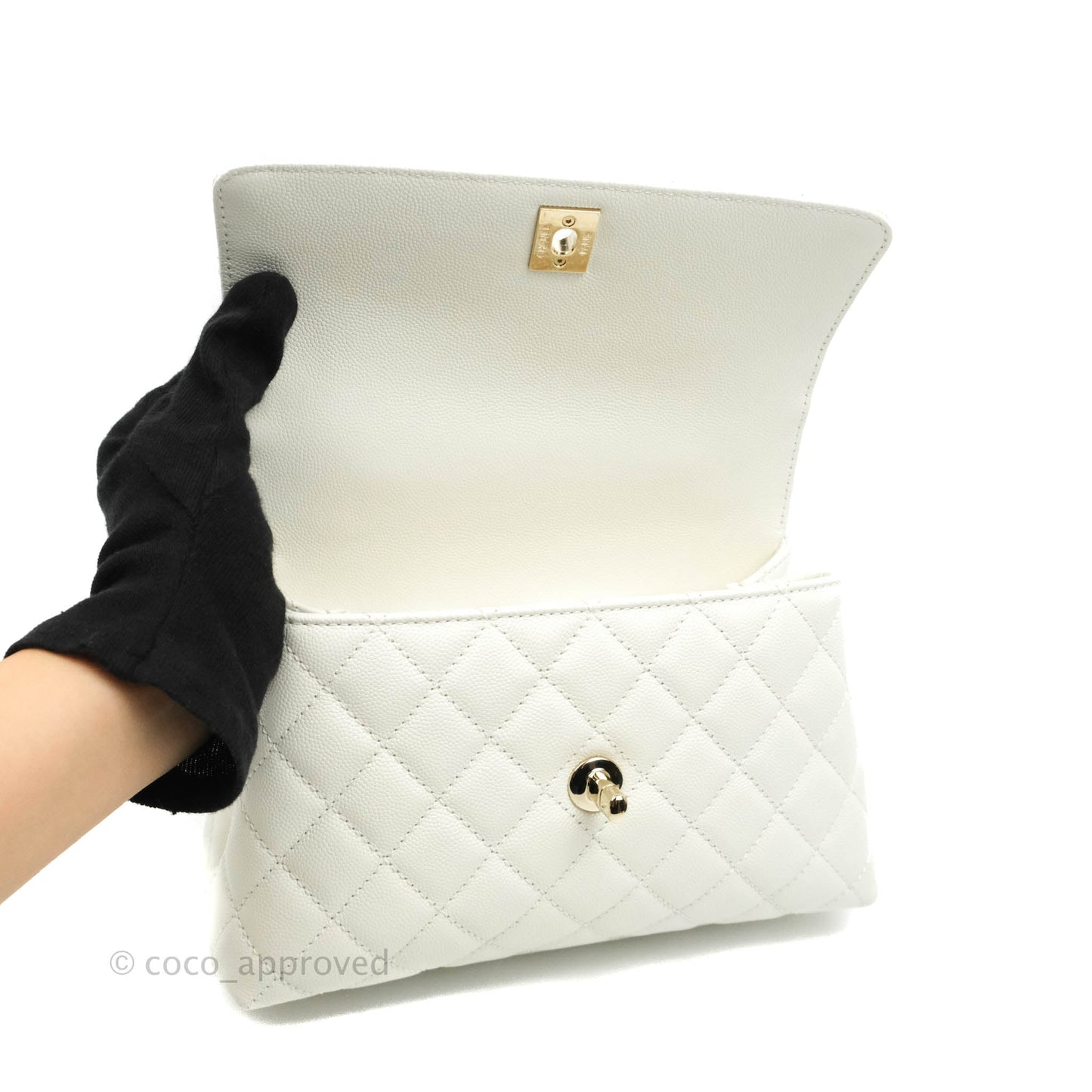 Chanel Small (Mini) Quilted Coco Handle White Caviar Gold Hardware