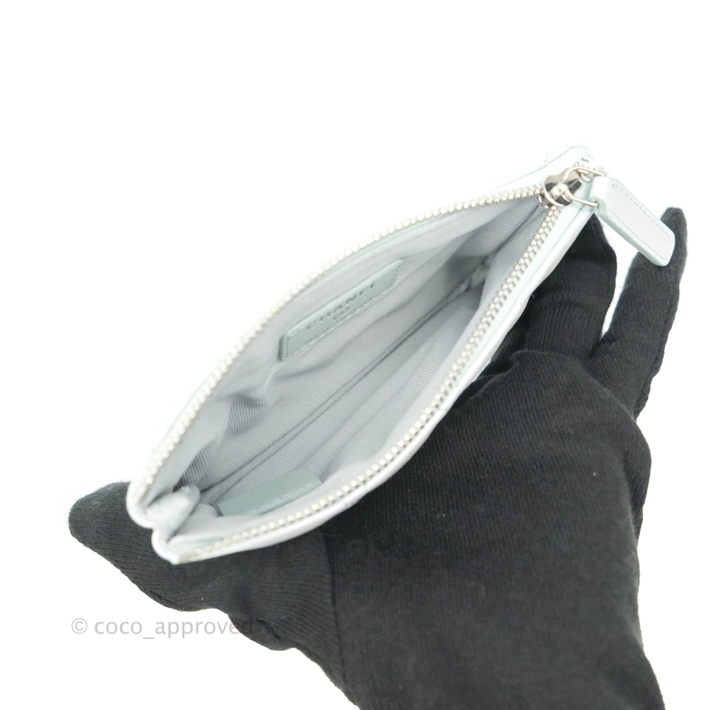 Chanel Mini Quilted O Case Iridescent Light Blue Calfskin Silver Hardware