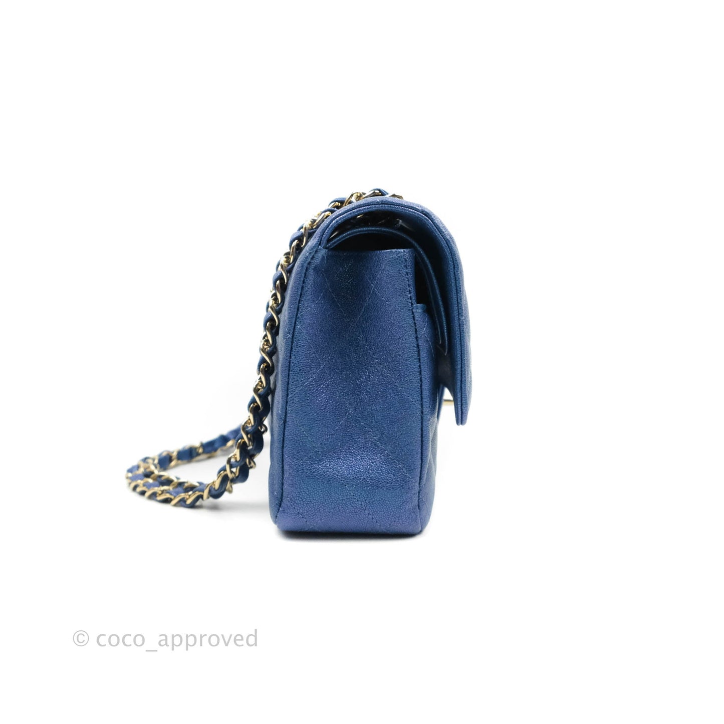 Chanel Quilted M/L Medium Double Flap Iridescent Blue Caviar Gold Hardware 19S