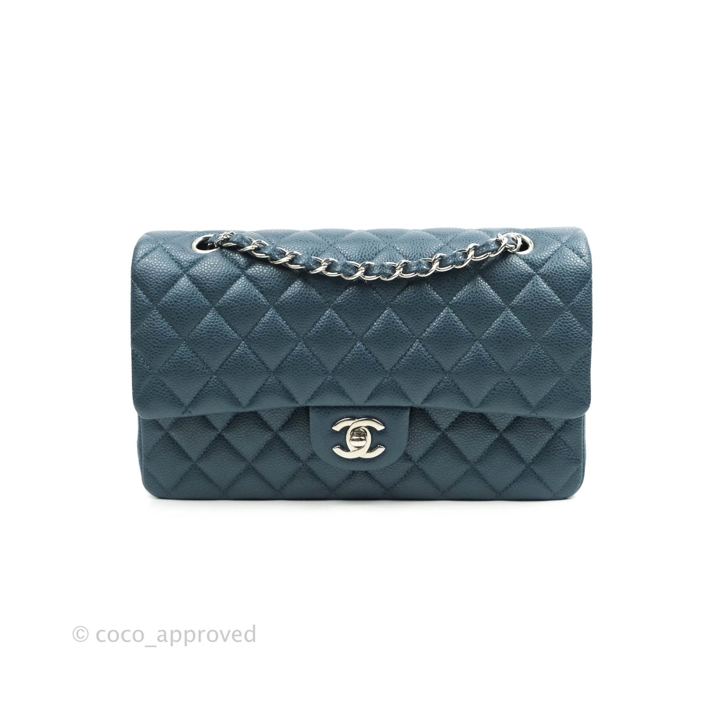 Chanel Classic M/L Medium Double Flap Pearly Blue Caviar Silver Hardware