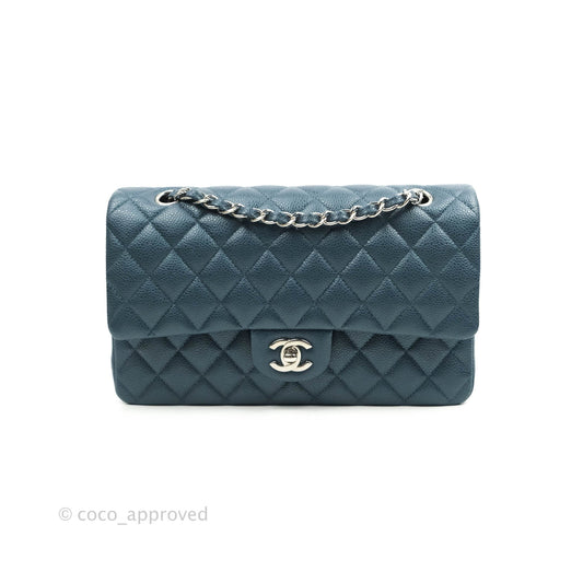 Chanel Classic M/L Medium Double Flap Pearly Blue Caviar Silver Hardware