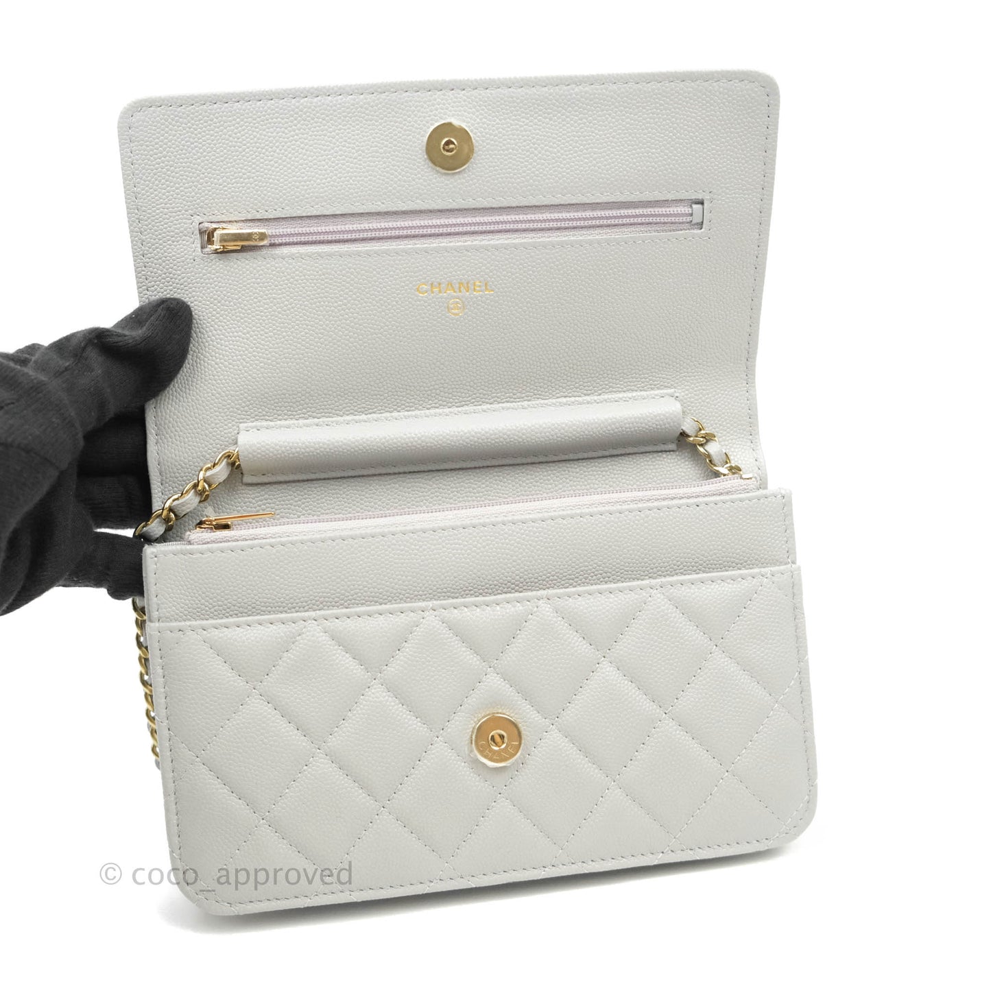 Chanel Quilted Wallet on Chain WOC Grey Caviar Gold Hardware 21A