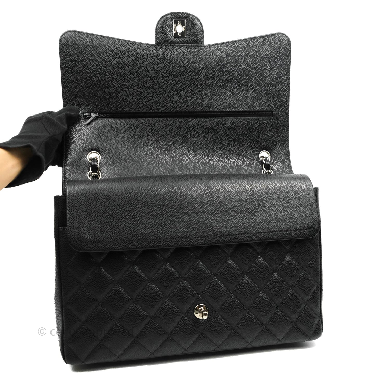 Chanel Quilted Maxi Double Flap Black Caviar Silver Hardware