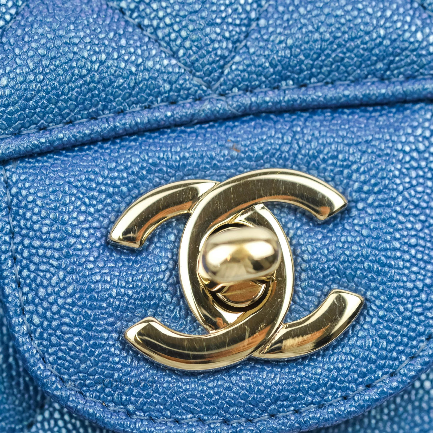 Chanel Quilted M/L Medium Double Flap Iridescent Blue Caviar Gold Hardware 19S