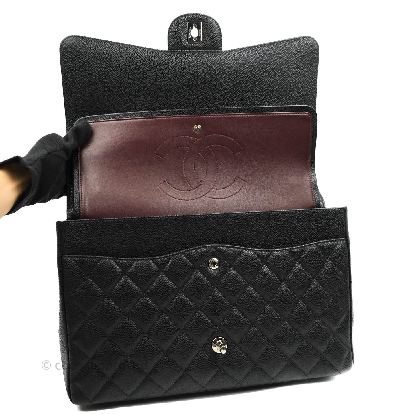Chanel Quilted Maxi Double Flap Black Caviar Silver Hardware
