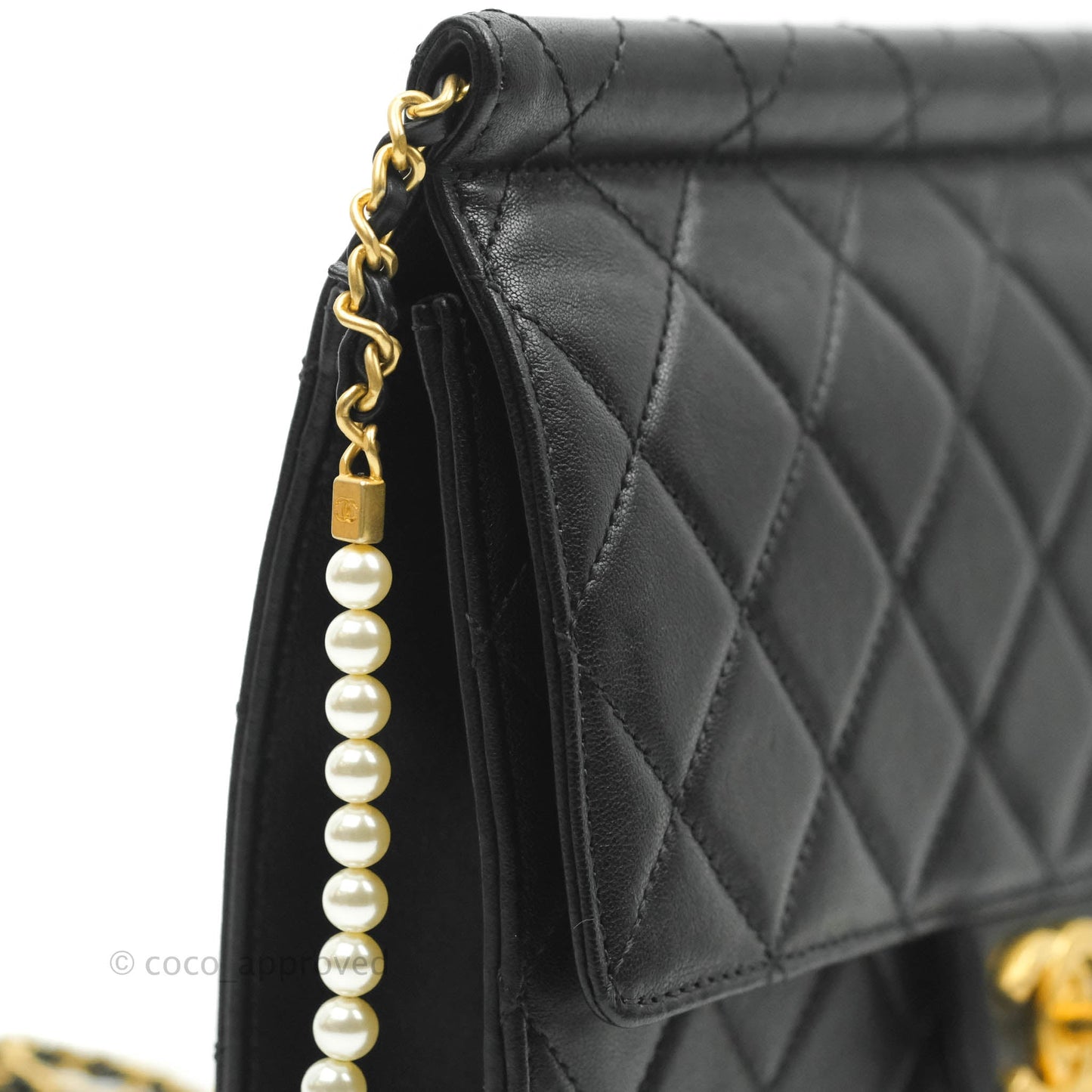 Chanel Large Quilted Pearl Chain Flap Bag Black Lambskin Aged Gold Hardware 19S