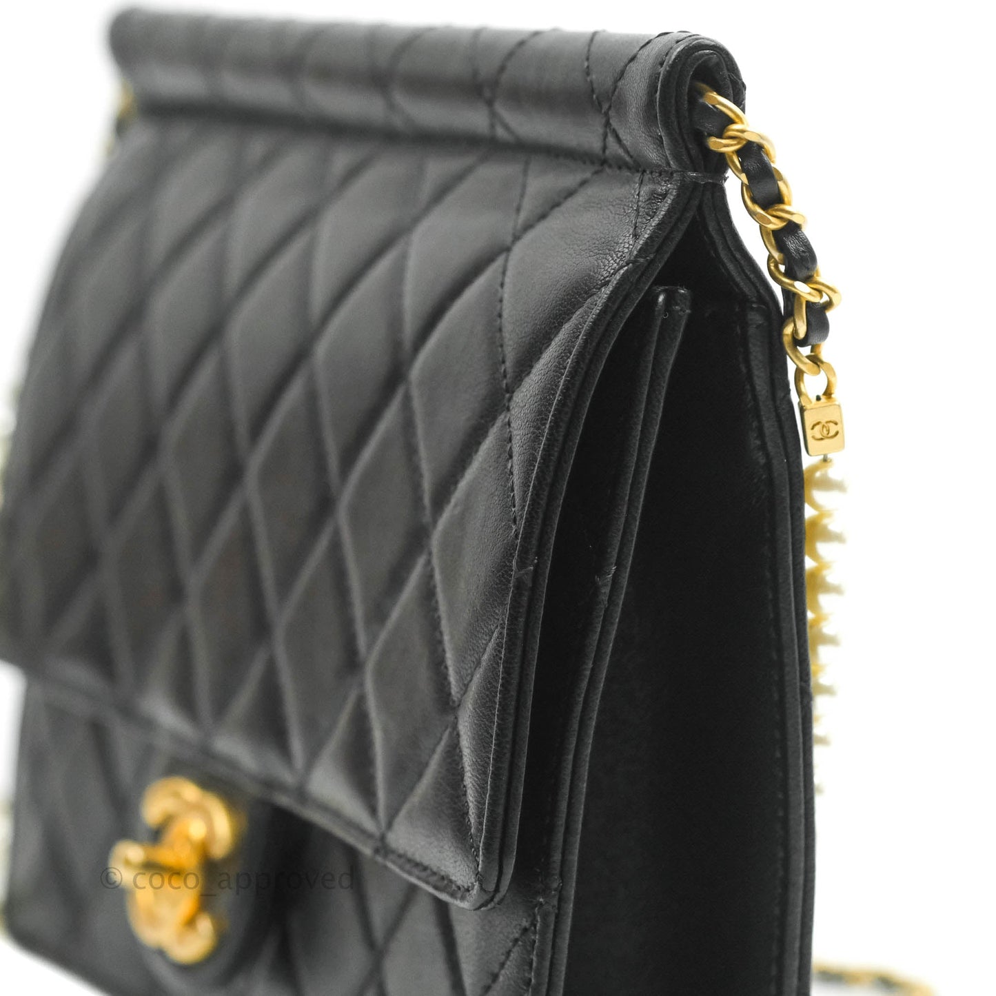 Chanel Large Quilted Pearl Chain Flap Bag Black Lambskin Aged Gold Hardware 19S