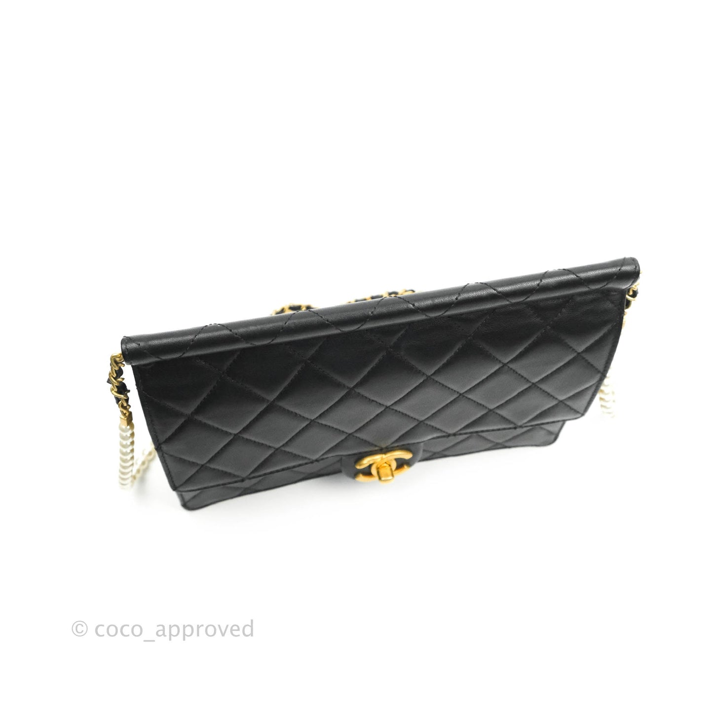 Chanel Large Quilted Pearl Chain Flap Bag Black Lambskin Aged Gold Hardware 19S